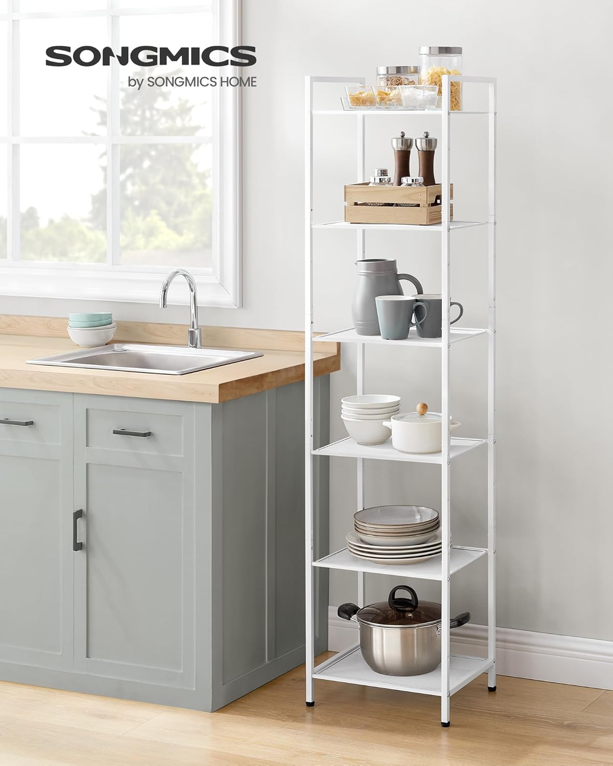 SONGMICS Estante de almacenamiento de 6 niveles, estante de baño, soporte extensible para plantas con estante ajustable, para baño, sala de estar,
