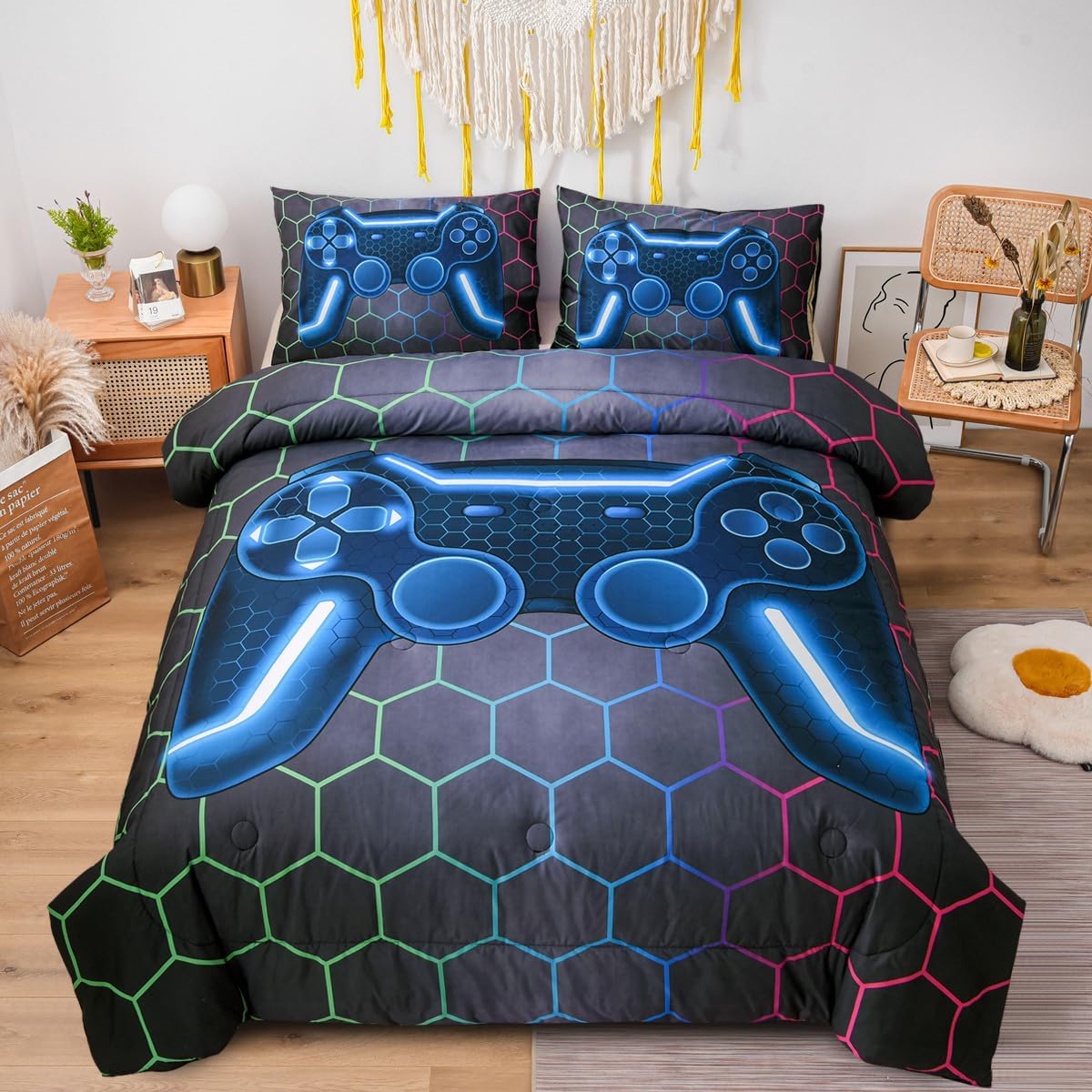NTBED Juego de edredón de consola de videojuegos para niños y niñas 3D con diseño geométrico de microfibra ligera (multicolor, tamaño individual, 5