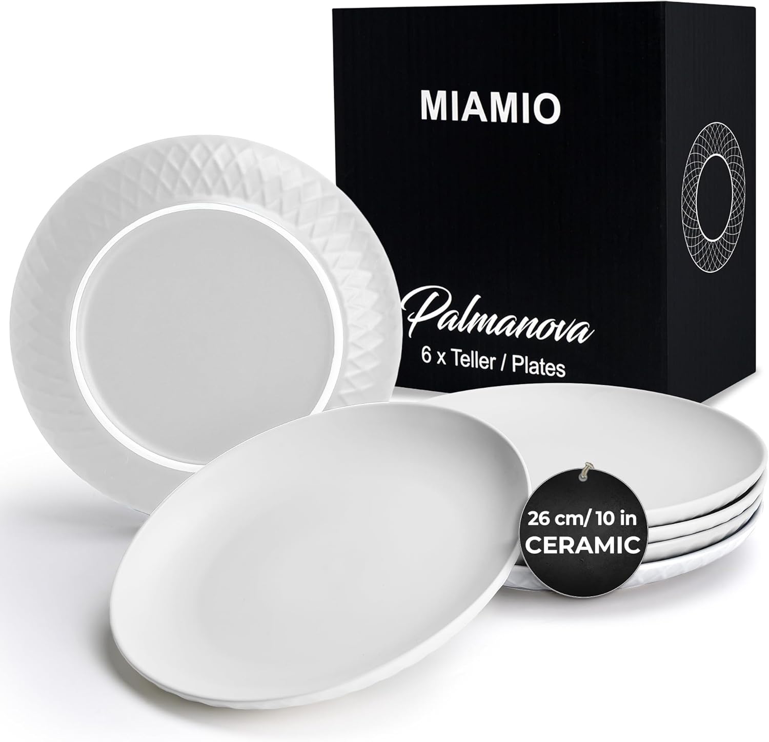 MIAMIO Juego de 6 platos modernos de cerámicagres – Colección Palmanova (blanco, 10 pulgadas)