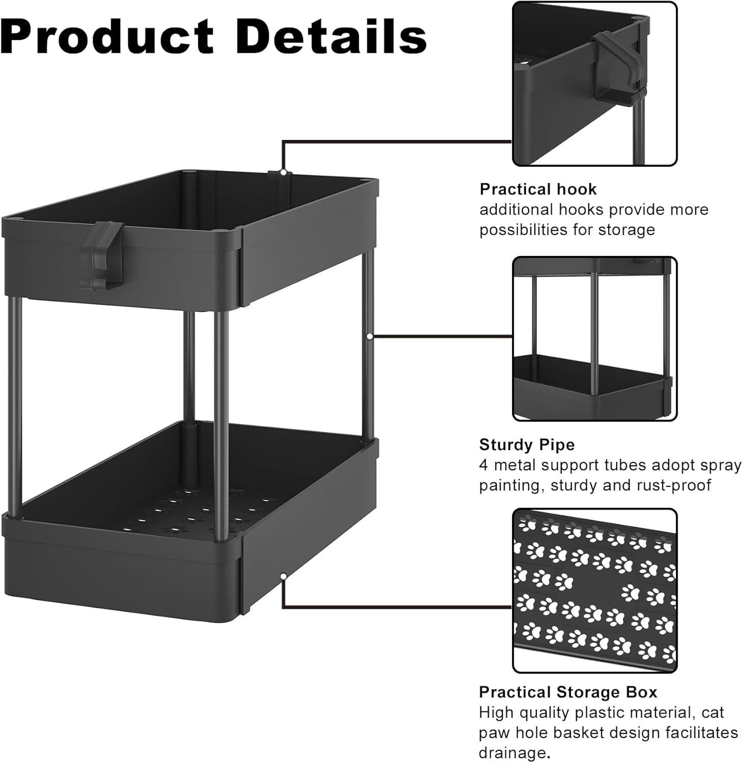 Organizador de almacenamiento para debajo del fregadero, cesta de almacenamiento de 2 niveles para debajo del baño, carrito de almacenamiento