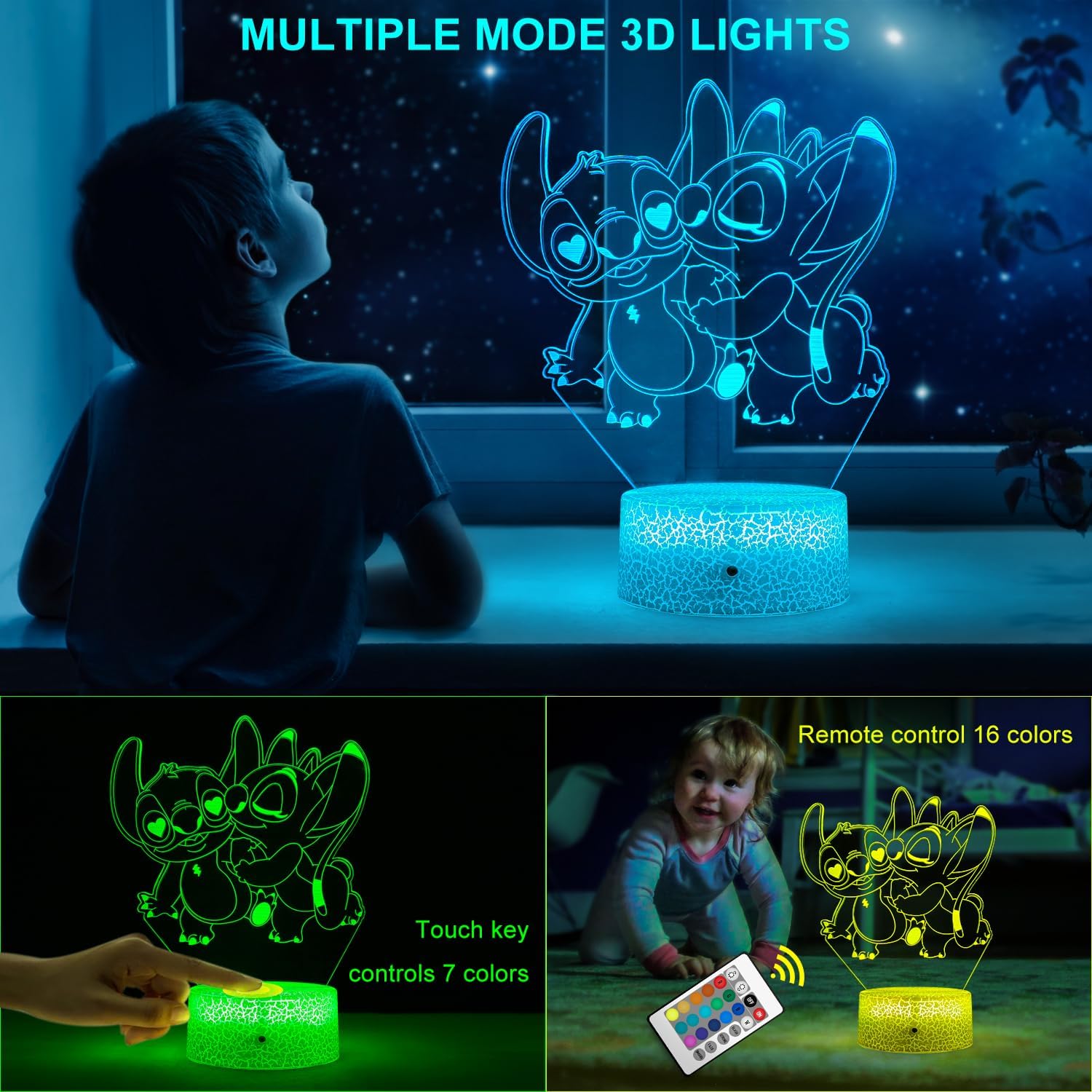 Stitch Night Lights,Stitch Lamp, Stitch Gifts ,With Remote & Smart Touch,7 Colors + 16 Colors Changing Opreated,Dimmable lamp for Children’s Room