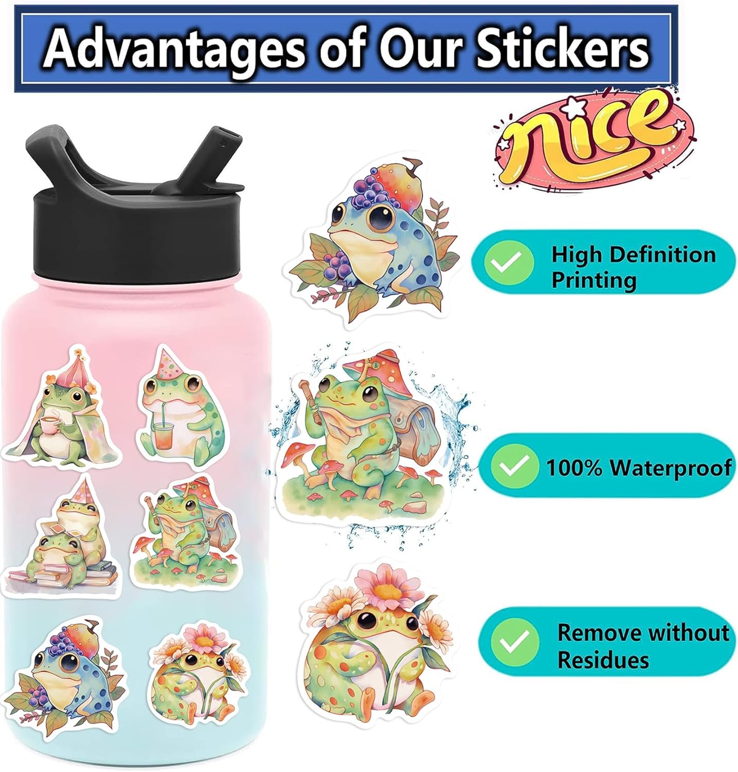 Calcomanías de ranas lindas calcomanías de animales kawaii, 50 unidades para niños y adultos, calcomanías de dibujos animados para botellas de agua,