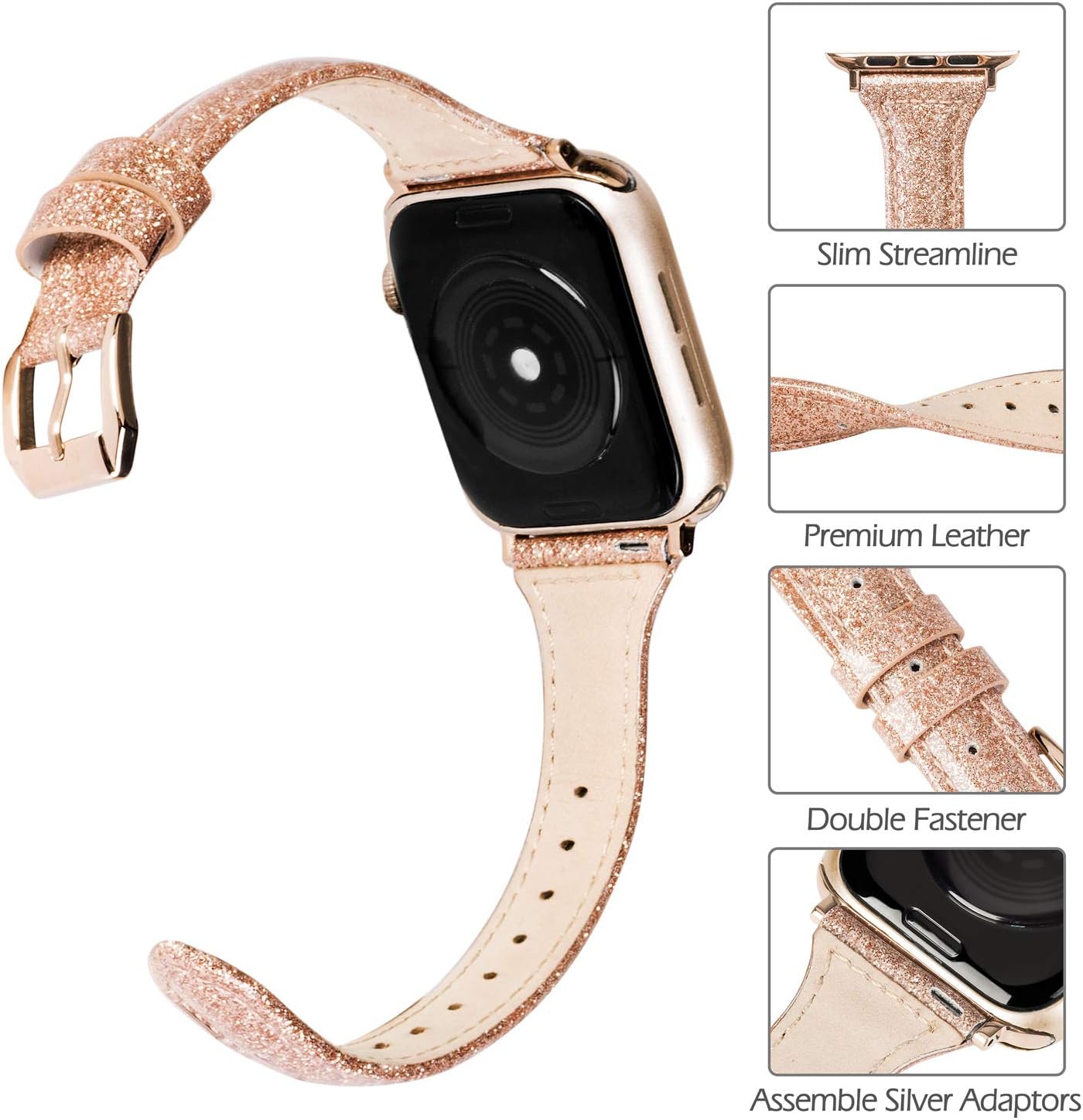 Wearlizer – Correa de repuesto de piel fina con purpurina compatible con correas de Apple Watch de 1.496in, 1.575in, 1.654in, 1.732in, para mujer,