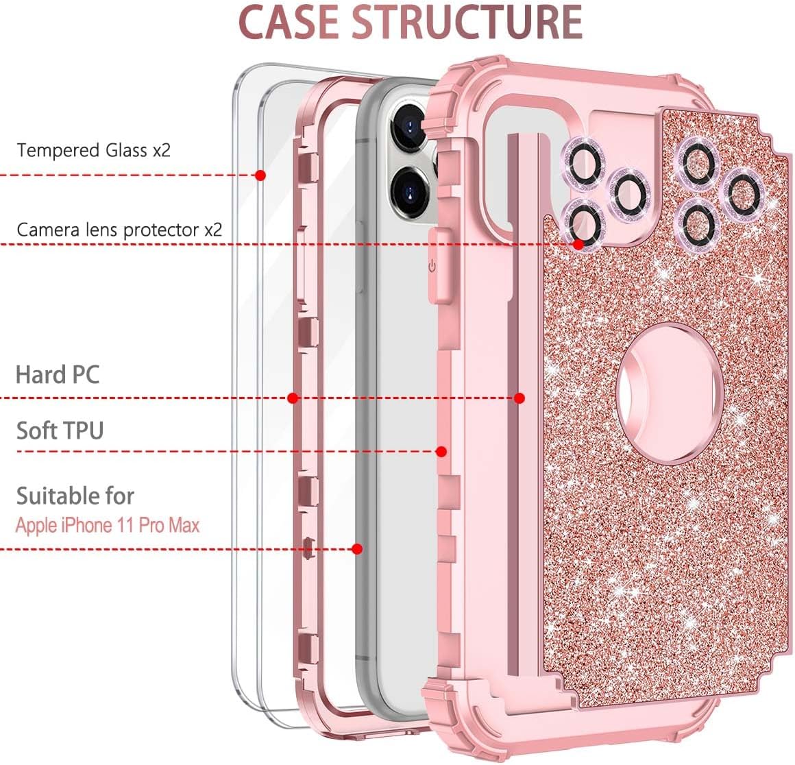 LONTECT Funda para iPhone 11 Pro Max con purpurina brillante 3 en 1, a prueba de golpes, resistente, cuerpo completo, resistente funda protectora