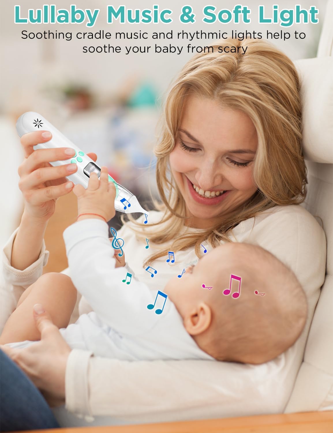 Aspirador nasal eléctrico para bebé, limpiador de succión de nariz para bebé, esenciales para bebés con 3 niveles de succión, música y luz LED,