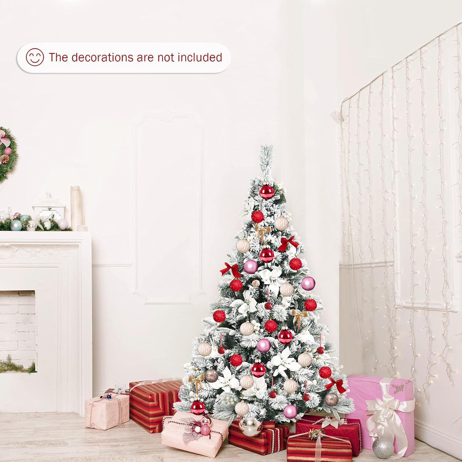 Happygrill Árbol de Navidad artificial de 5 pies con 405 puntas de rama, árbol de Navidad con soporte de metal y bayas blancas y flores