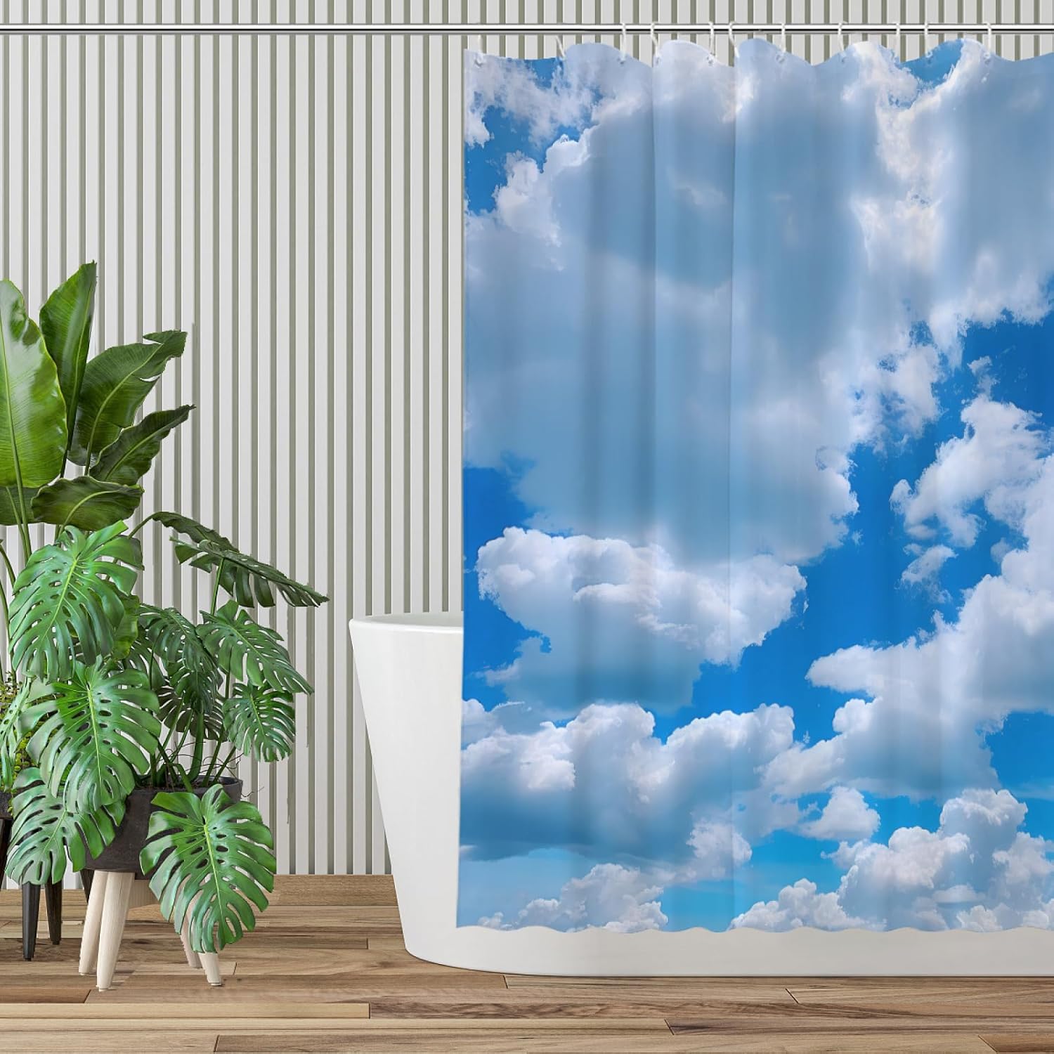 Cortina de ducha con nubes blancas y cielo azul, juego de cortina de ducha de paisaje natural, accesorios de baño, tela impermeable, decoración de