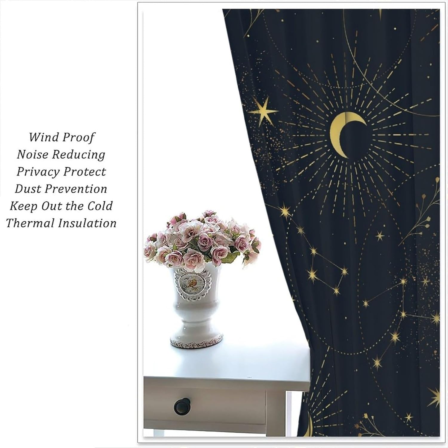 Cortinas opacas con diseño de estrellas y luna, diseño de cielo estrellado de dibujos animados, bohemio, con bolsillo para cortinero, tratamiento de