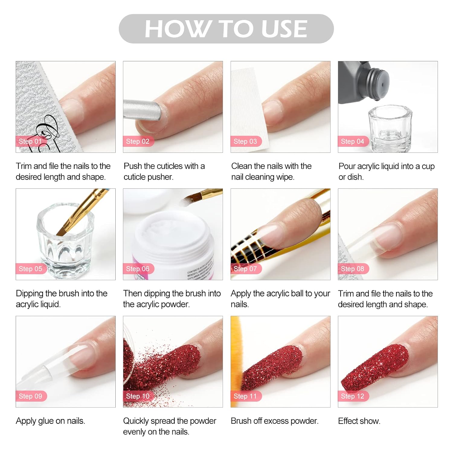Kit de polvo acrílico con juego de esmalte de uñas de gel que cambia de color, polvos acrílicos y monómero líquido con purpurina, kit de arte de