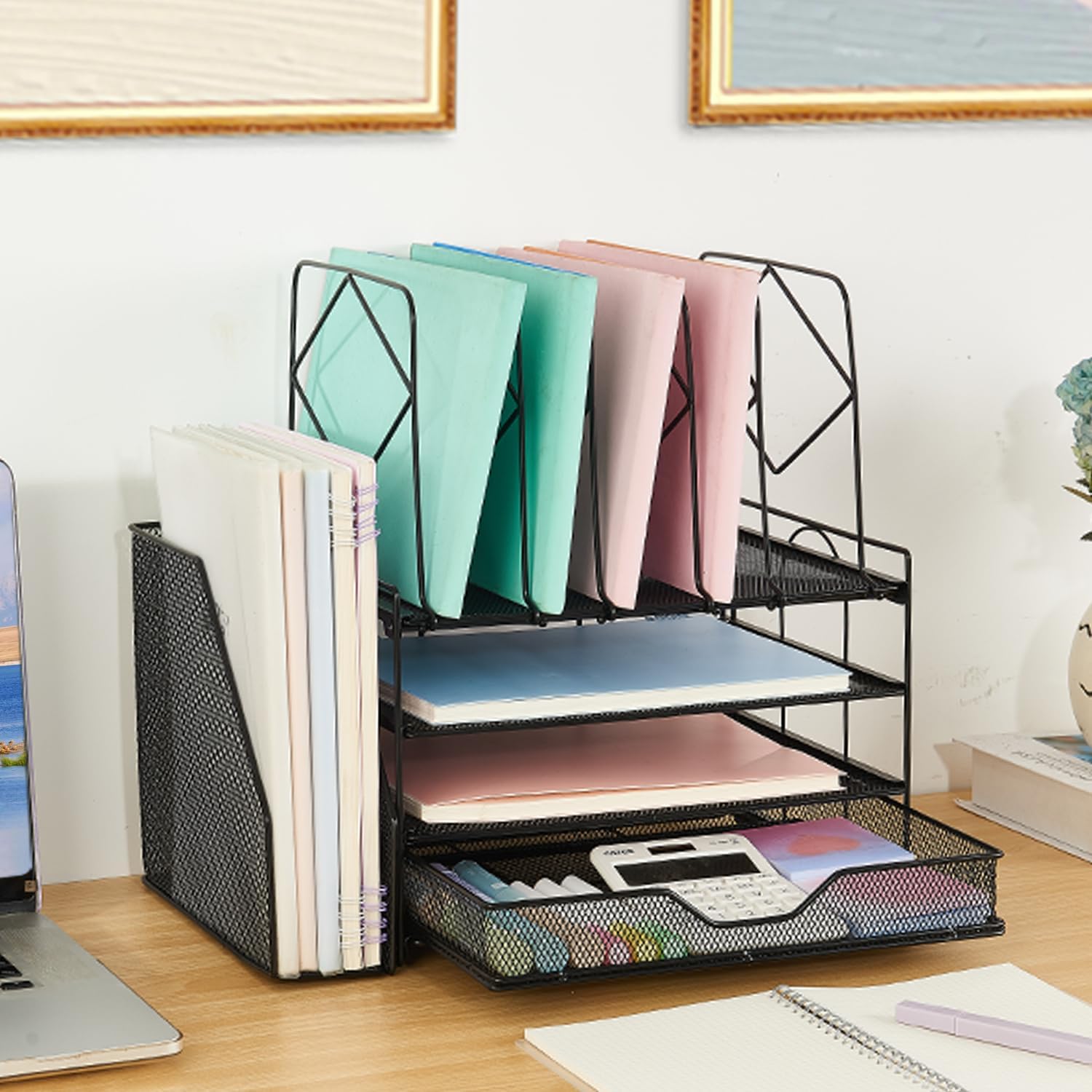 Spacrea Desk Organizers and Accessories, 4-Tier Letter Trays Paper Organizer with File Holder and Drawer, File Organizer for Home Office Supplies