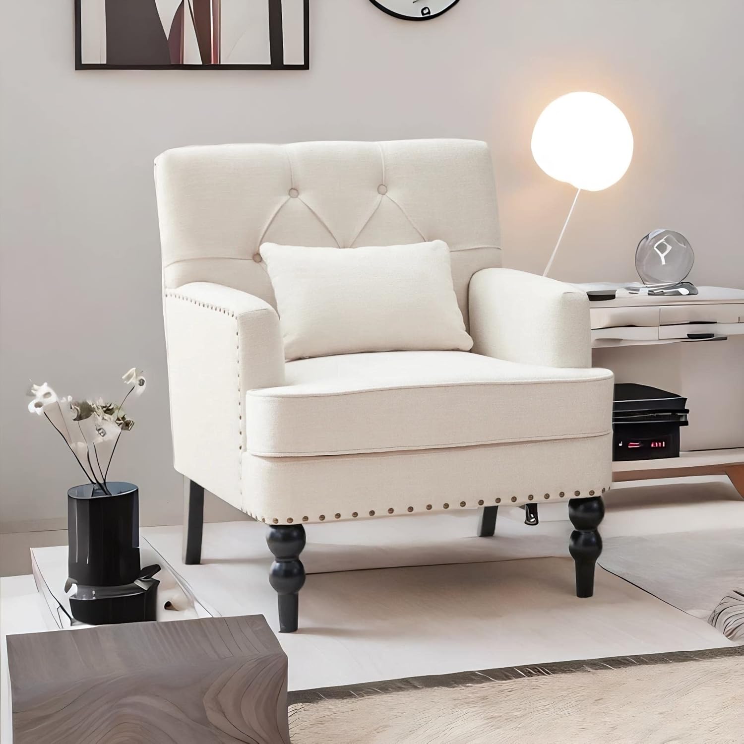 HUIMO Silla de club copetuda, silla decorativa con almohada lumbar, sillón tapizado con botones, sillas de tela de lino para dormitorio, sala de