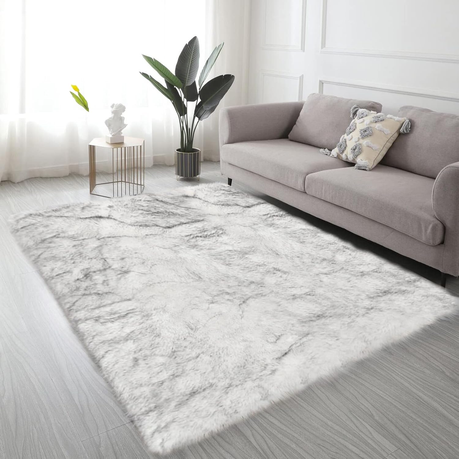 Alfombra de pasillo de 2 x 6 pies para dormitorio, con puntas blancas y grises, lavable de piel de oveja sintética, alfombra para dormitorio de