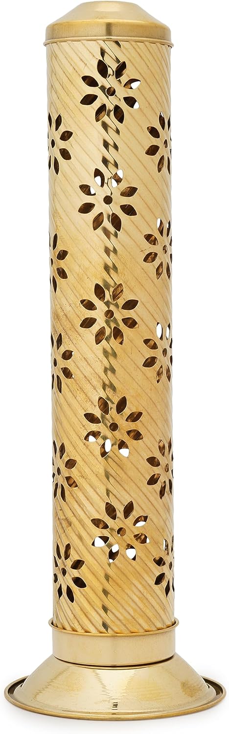 Ajuny Soporte para quemador de incienso de latónsoporte para palo de incienso, soporte en torre, atrapaseñas de cenizas, diseño de flor Jali para