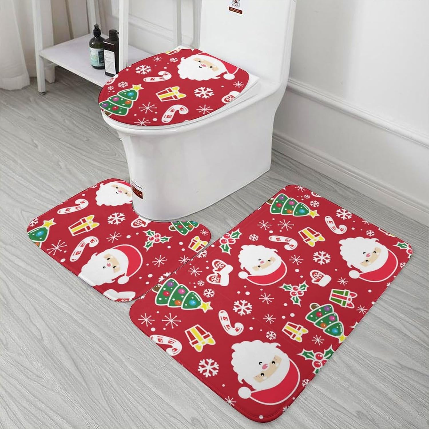 Juego de 3 alfombras de baño con diseño de árbol de Navidad de Papá Noel, antideslizantes, lavables, absorbentes, de secado rápido, en forma de U,