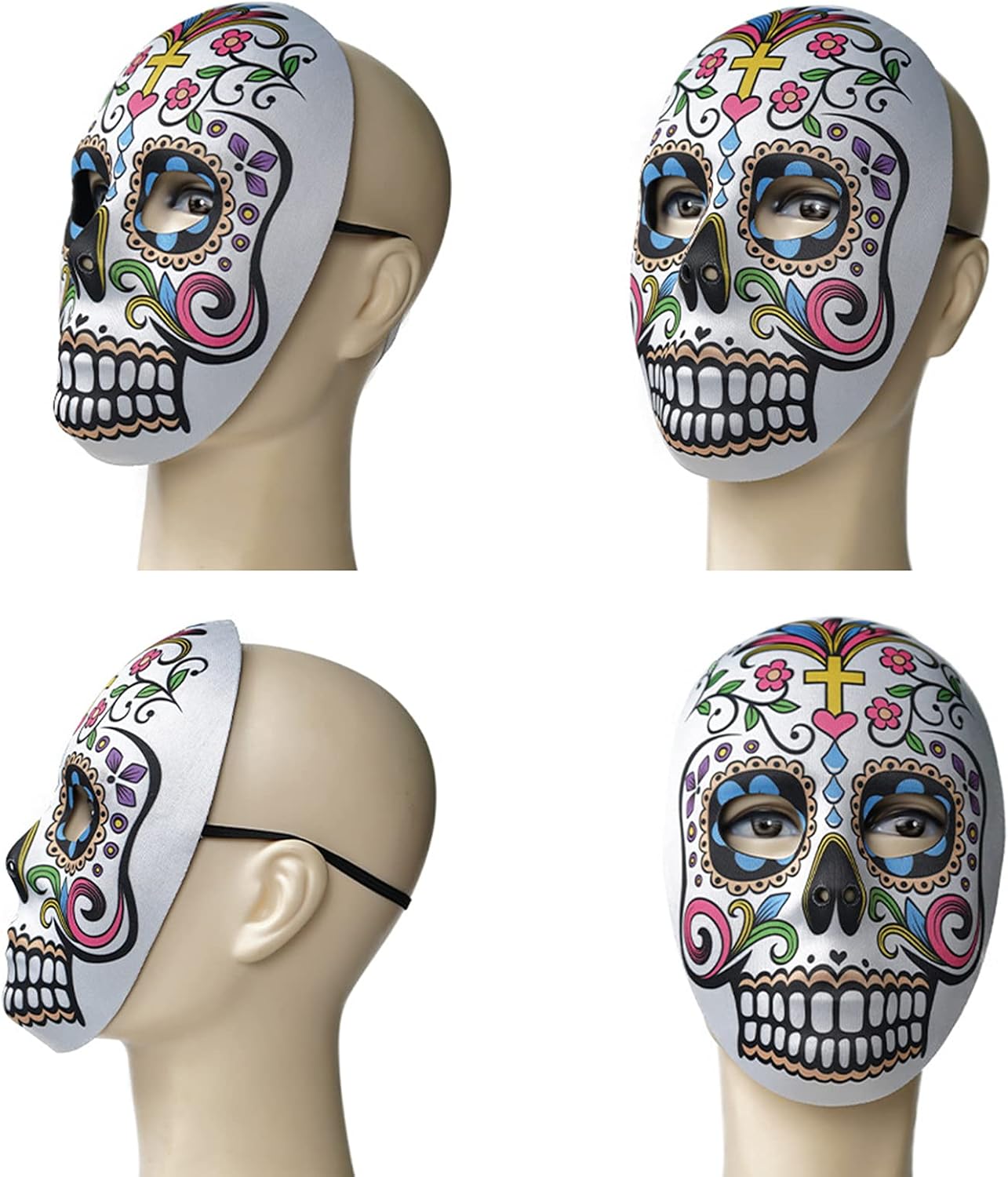 2 máscaras de calavera de azúcar del Día de los Muertos, máscara de cara completa para mujer, esqueleto zombi, hueso, flor, hoja, máscara para