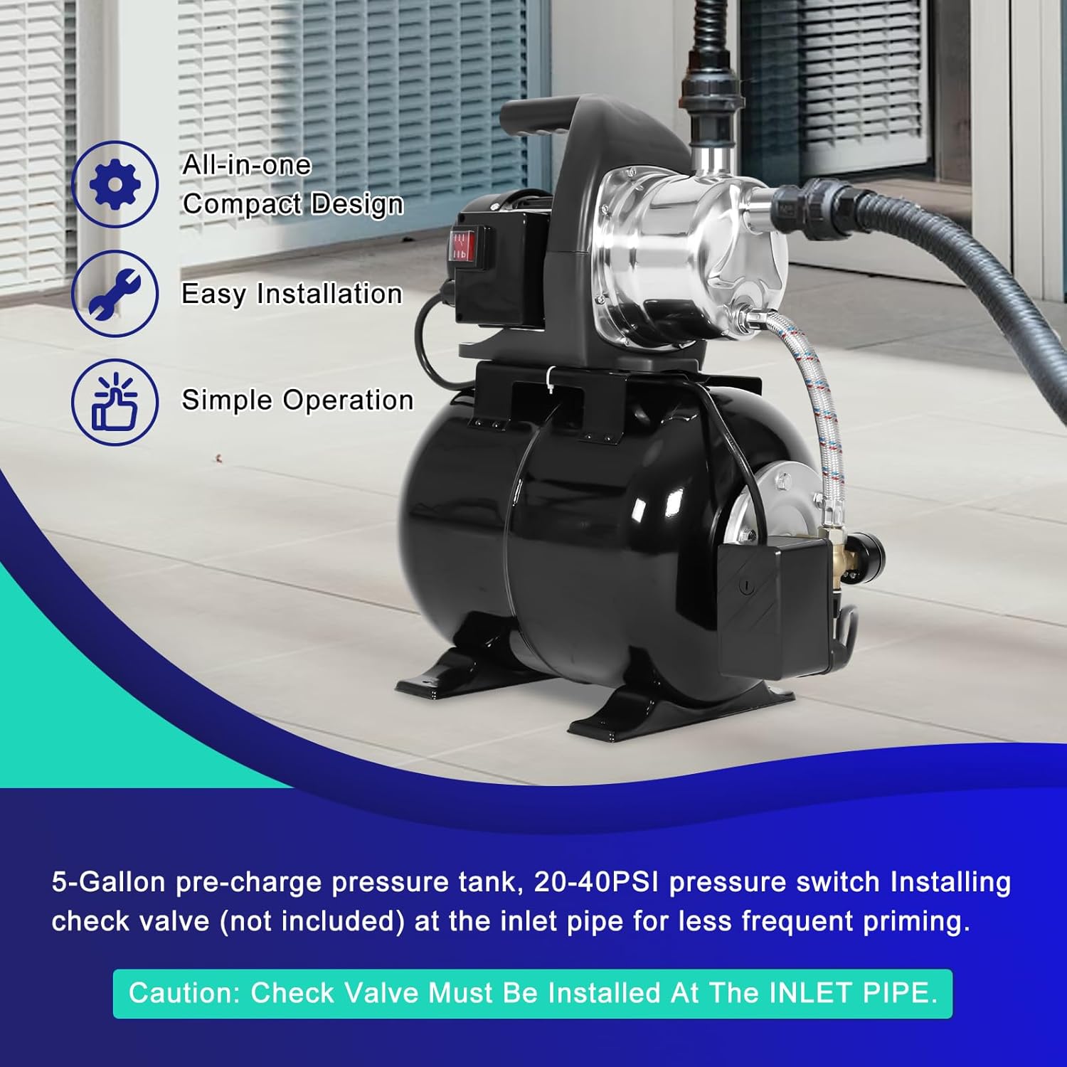 Bomba de pozo poco profundo de 1.6HP 1320GPH 115V con tanque de presión, bomba de chorro de riego automática de acero inoxidable para el hogar,