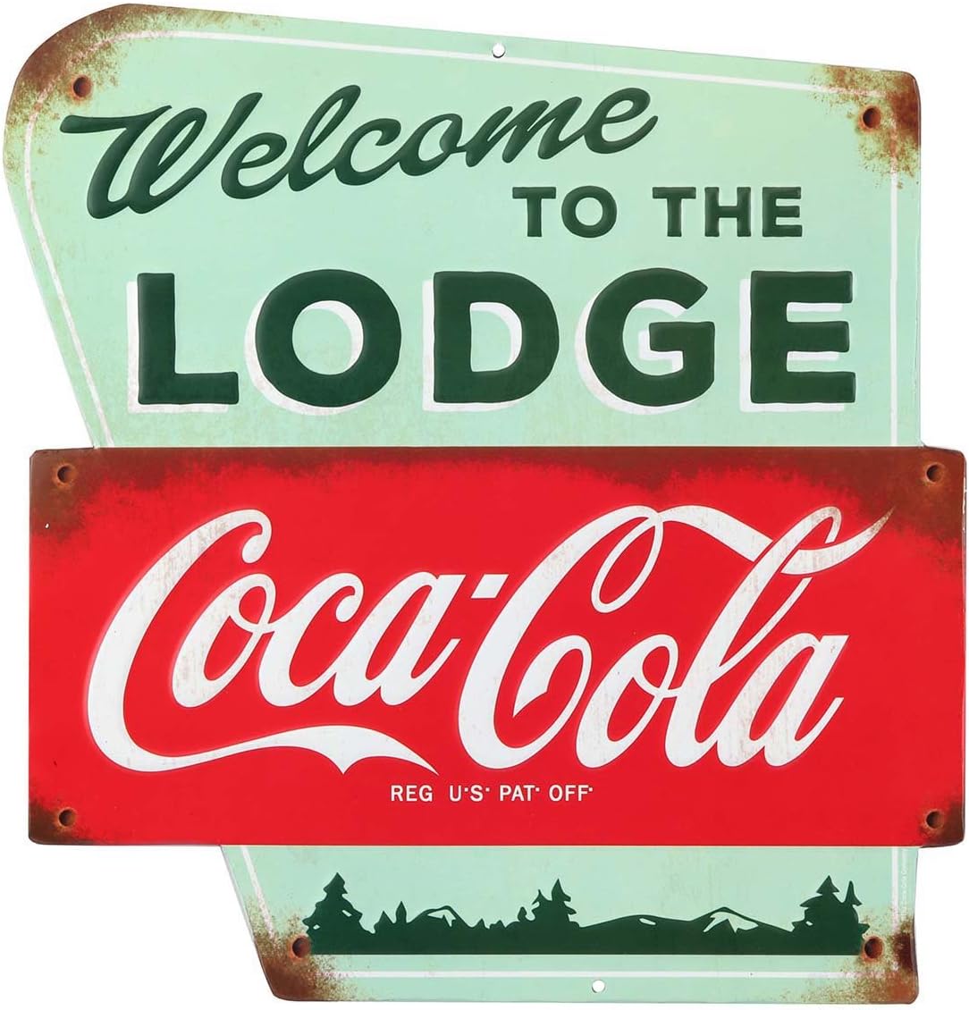 Coca-Cola Welcome to the Lodge – Letrero de metal en relieve, decoración de pared vintage para cabaña, cabaña o cueva de hombre