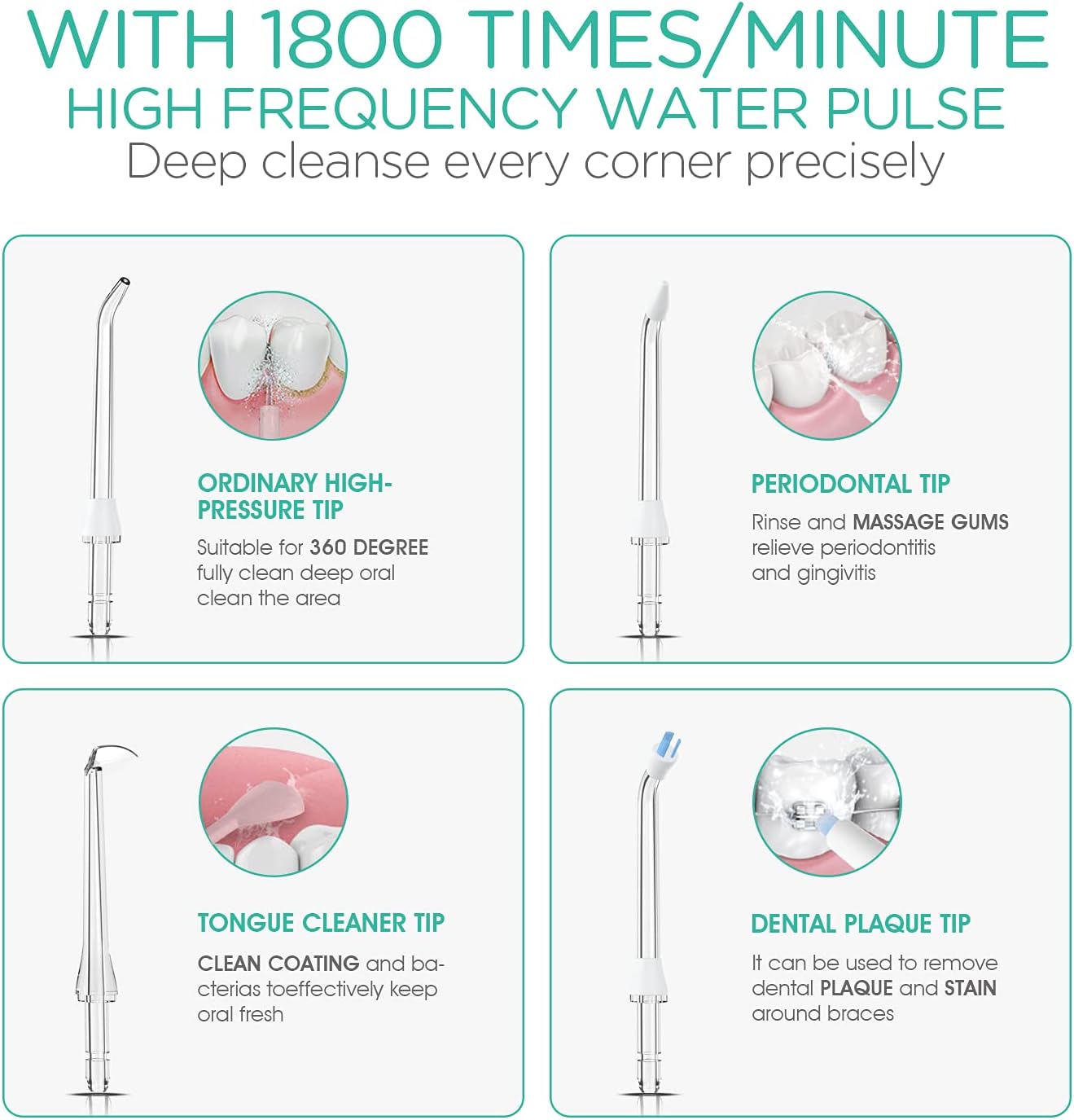 VOYOR – Irrigador dental de agua para dientes, irrigador oral portátil y recargable con 4 puntas de hilo dental y púas de limpiador de dientes