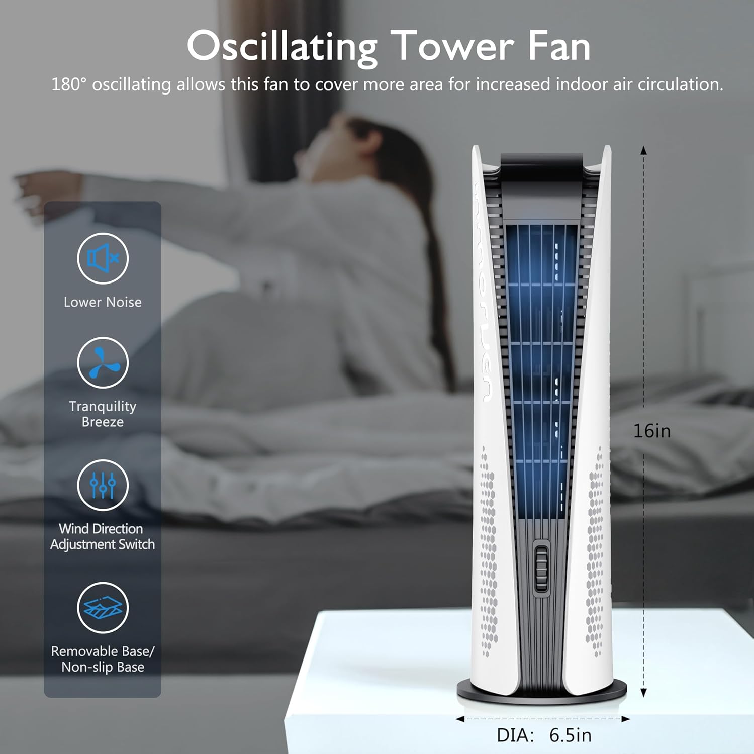SISMEL Ventilador de torre para dormitorio, ventilador oscilante para dormitorio, ventilador de piso silencioso, ventilador oscilante sin aspas de
