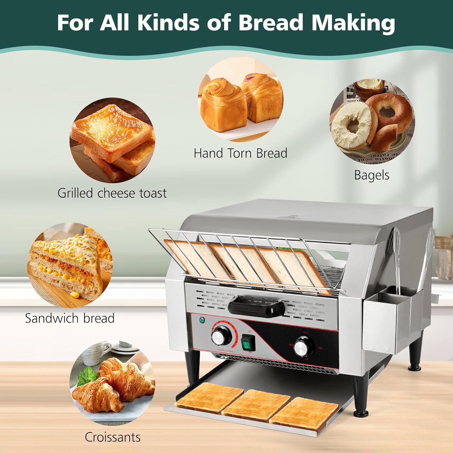 Tostadora comercial 450 rebanadashora, horno tostador para restaurante resistente 2600 W tostadora eléctrica de acero inoxidable con mango para