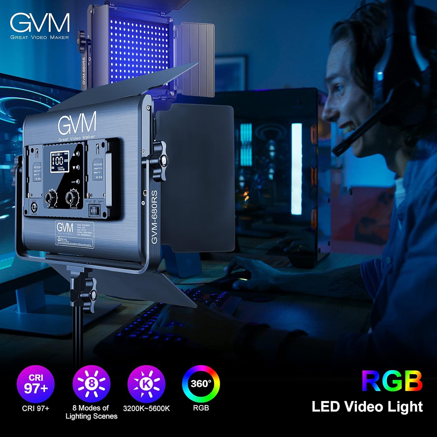 GVM – Luz de video LED RGB con kits de iluminación, panel de luz LED 680RS 50W con control Bluetooth, 2 paquetes de iluminación de fotografía para