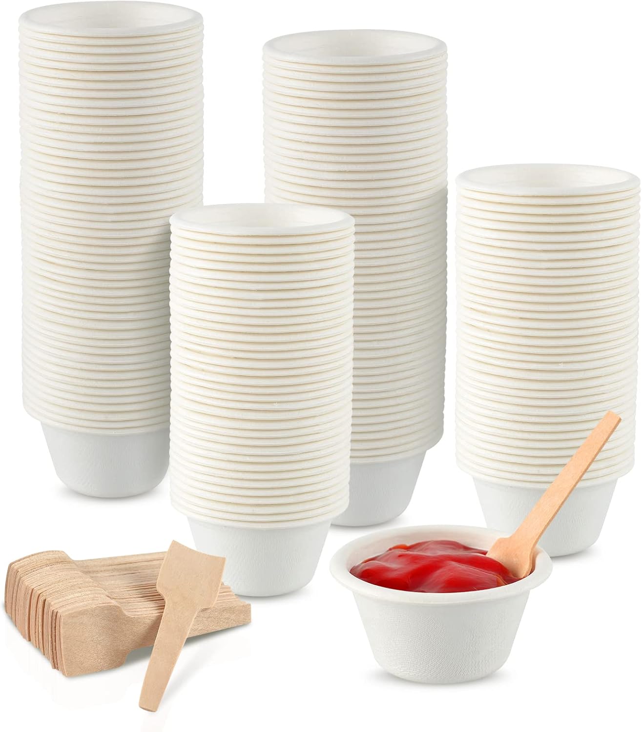 Juego de 100 tazas de porciones de 2 onzas, tazas de papel para soufflé con cucharas de madera, tazas de muestra desechables para cocinar chile para
