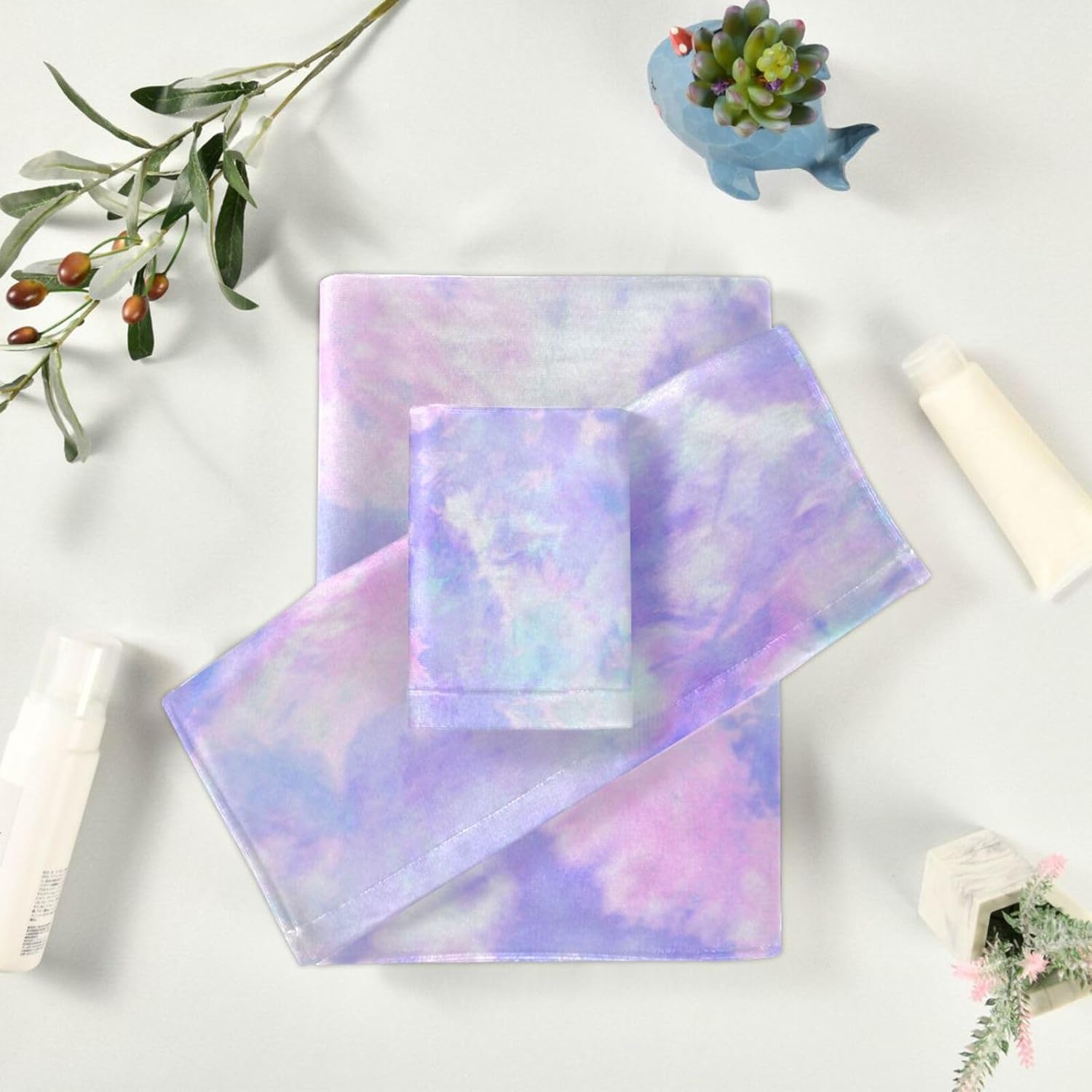 Juego de toallas de 3 piezas con estampado de teñido anudado morado, 1 toalla de baño, 1 toalla de mano, 1 paño de lavado, toallas de secado rápido
