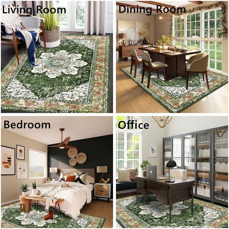 Ileading Alfombra bohemia vintage de 4 x 6 pies, lavable a máquina, de pelo bajo, no desprende pelusa, antideslizante, para dormitorio, comedor,