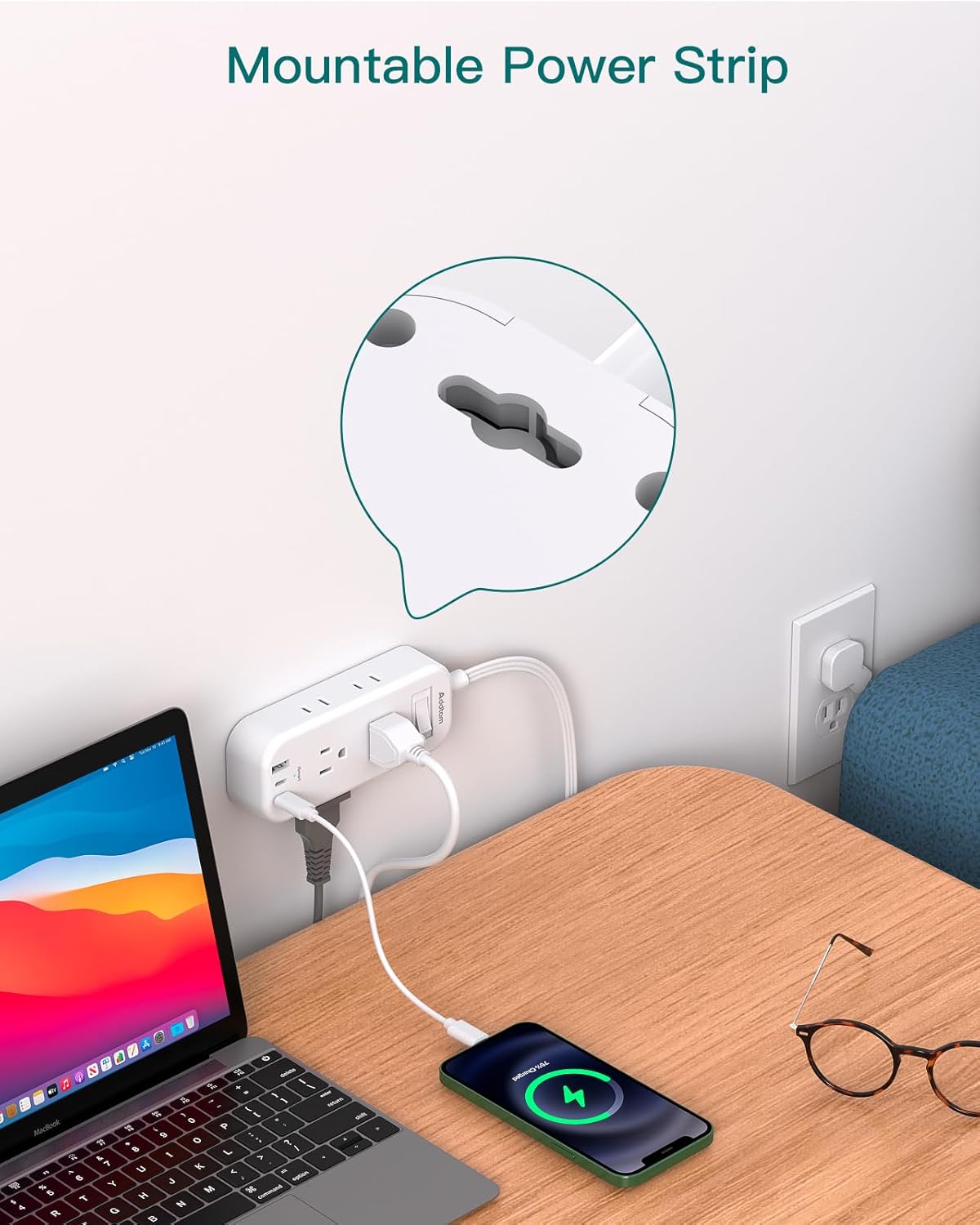 Regleta de alimentación de viaje con USB, cable de extensión de enchufe plano, 6 tomas, 3 puertos USB (2 USB-C), extensor de salida con cable de