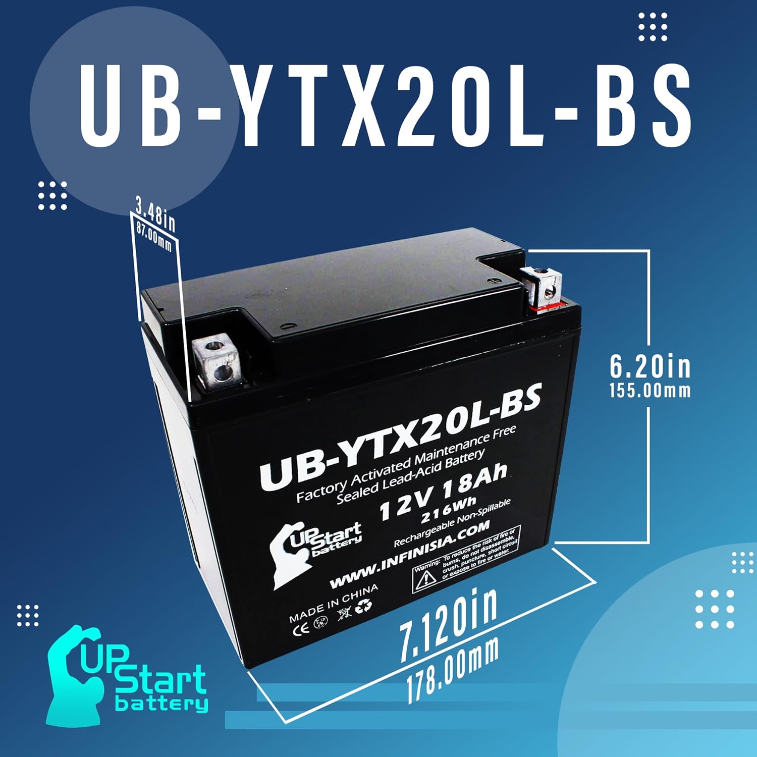 Batería de repuesto UB-YTX20L-BS para Honda TRX680FA Four Trax Rincon 680 CC ATV 2006 – Activado en fábrica, sin mantenimiento, batería de
