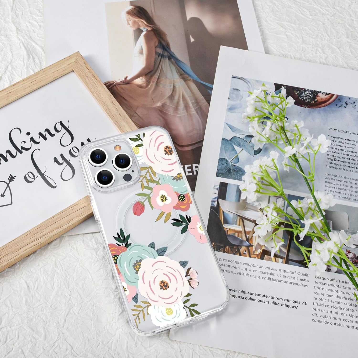 Funda magnética transparente con diseño de flores para iPhone 15 Pro compatible con MagSafe, patrón floral transparente a prueba de golpes, parte