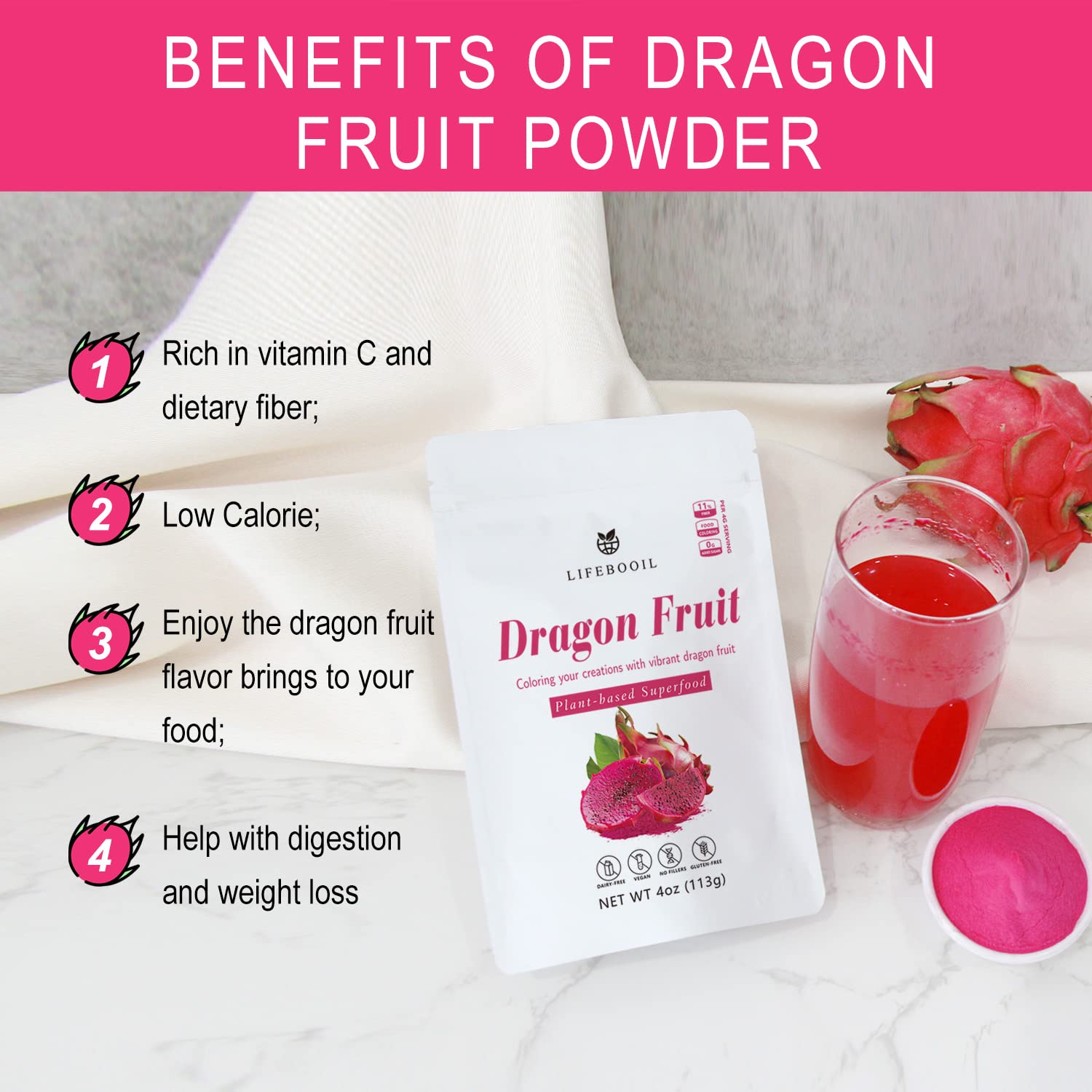 Polvo de fruta del dragón, vegano, sin OMG, sin gluten, sin aditivos ni conservantes, 4 onzas