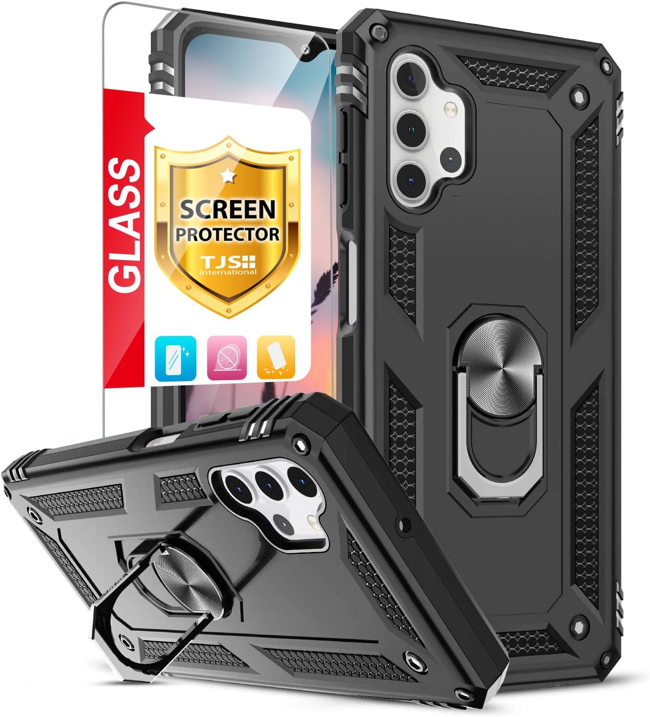 TJS Funda compatible con Samsung Galaxy A32 5G, con protector de pantalla de vidrio templado, soporte magnético, soporte magnético resistente contra