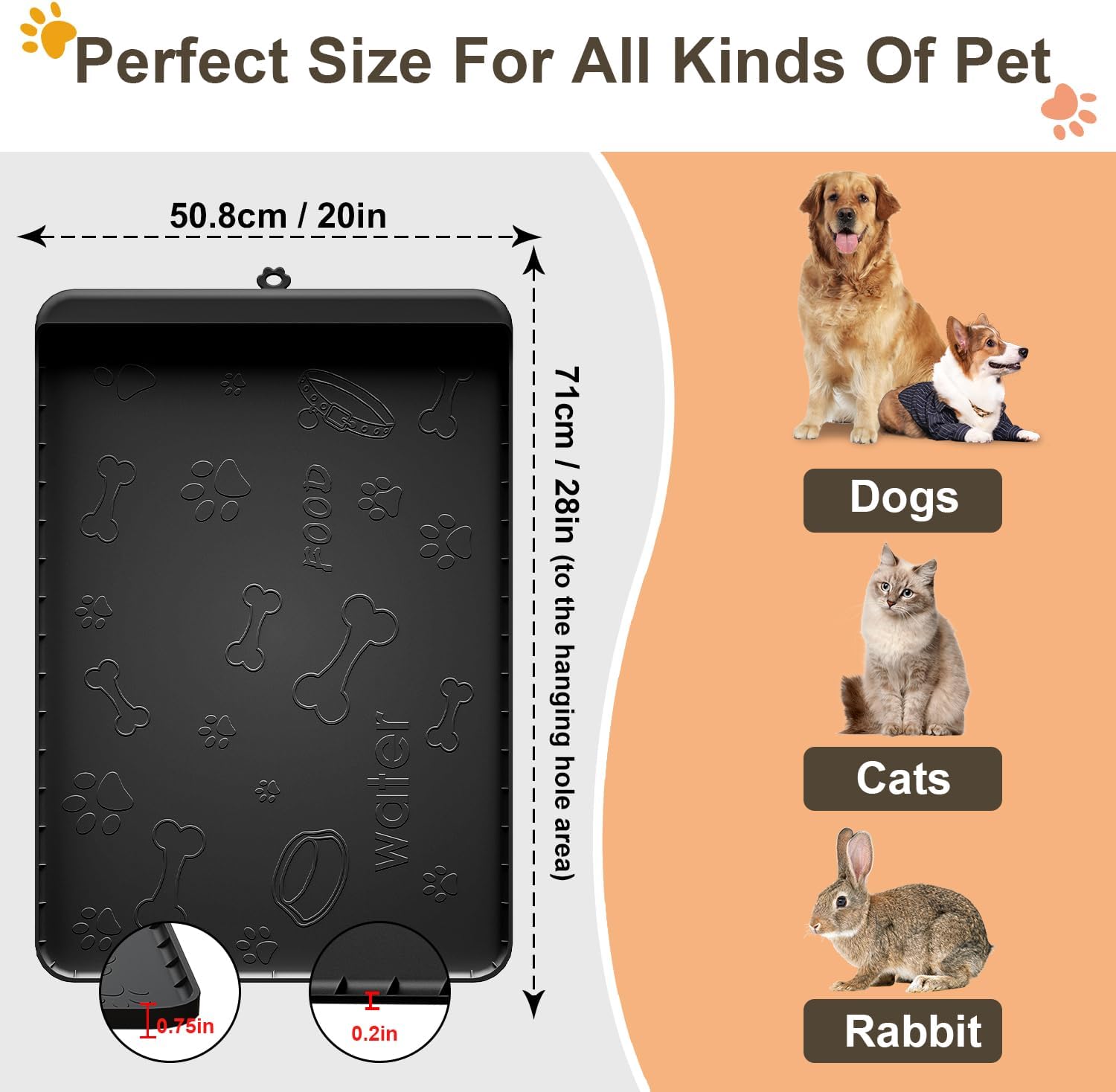 Tapete de silicona para comida y agua para perros de 28 x 20 pulgadas con bolsillo para recolección de residuos, tapete impermeable para cuenco de