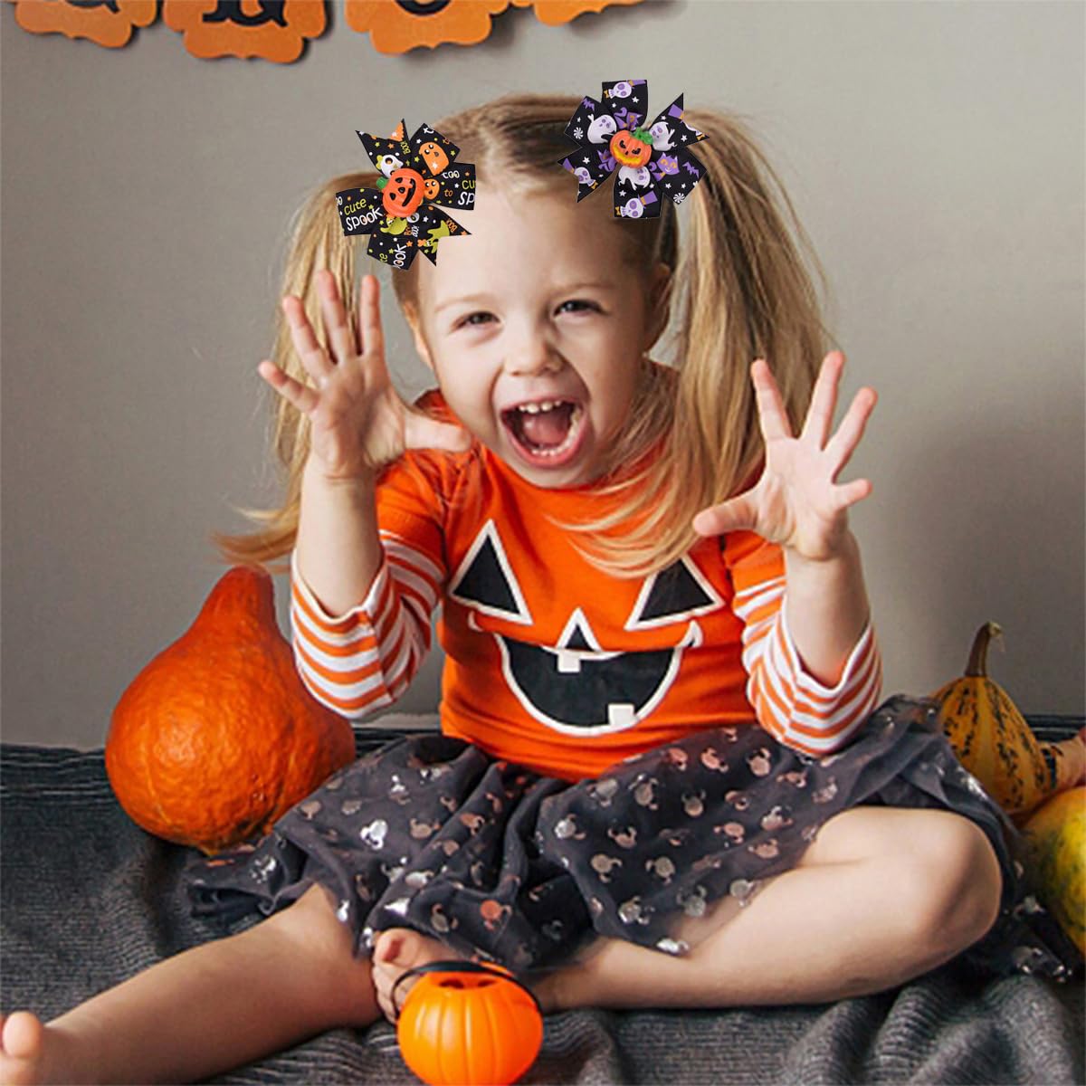 6 lazos para el cabello de Halloween, horquillas para el cabello, calabazas y murciélagos para boutique, clip de cinta de grogrén, pasador para el