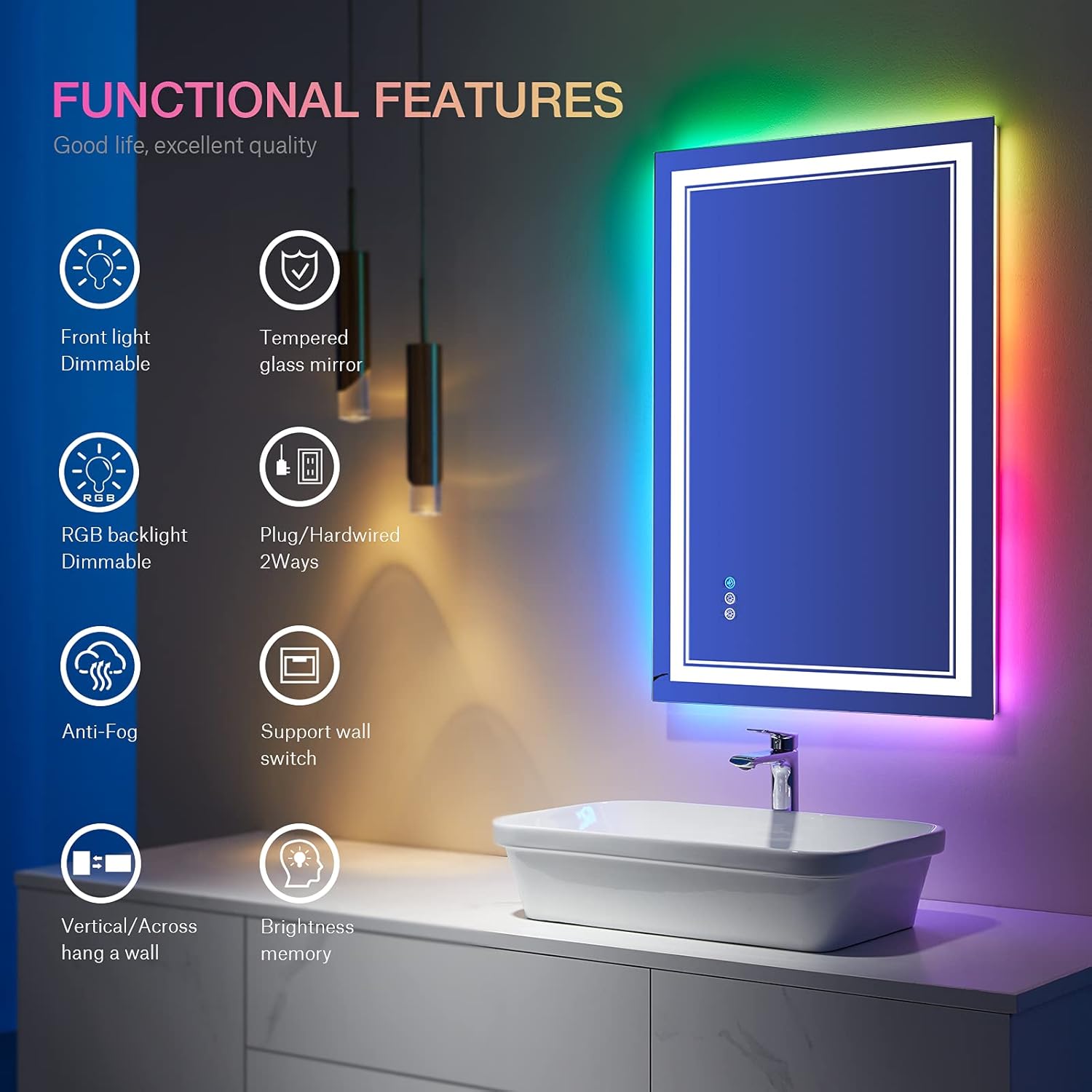 Espejo de baño LED RGB de 30 x 36 pulgadas con luces, espejo LED RGB retroiluminado que cambia de color para baño, espejos de tocador iluminados