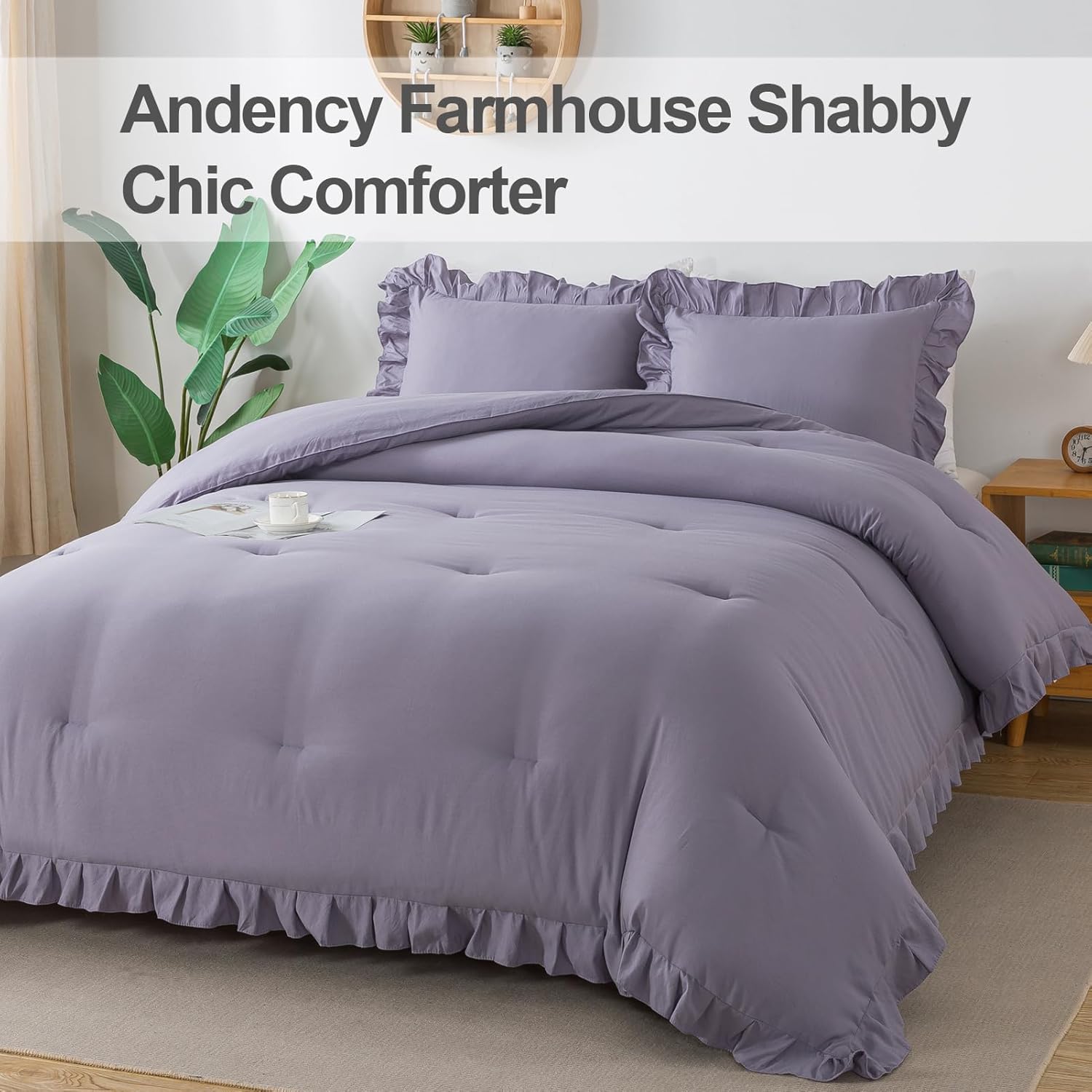 Andency – Juego de edredón morado lavanda grisáceo tamaño King, 3 piezas, ropa de cama de microfibra con volantes, unicolor, ligera, esponjosa y