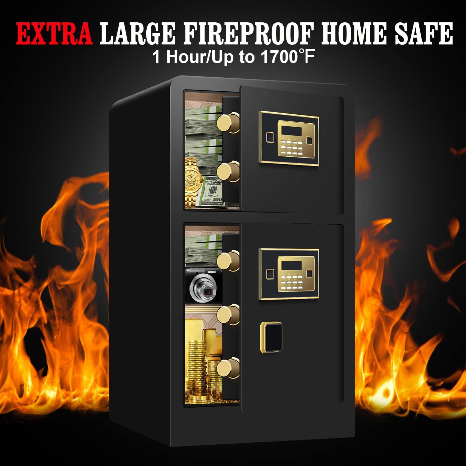 Caja de seguridad de 5.1 pies cúbicos a prueba de fuego, impermeable, caja de seguridad digital grande para oficina en casa con caja de seguridad