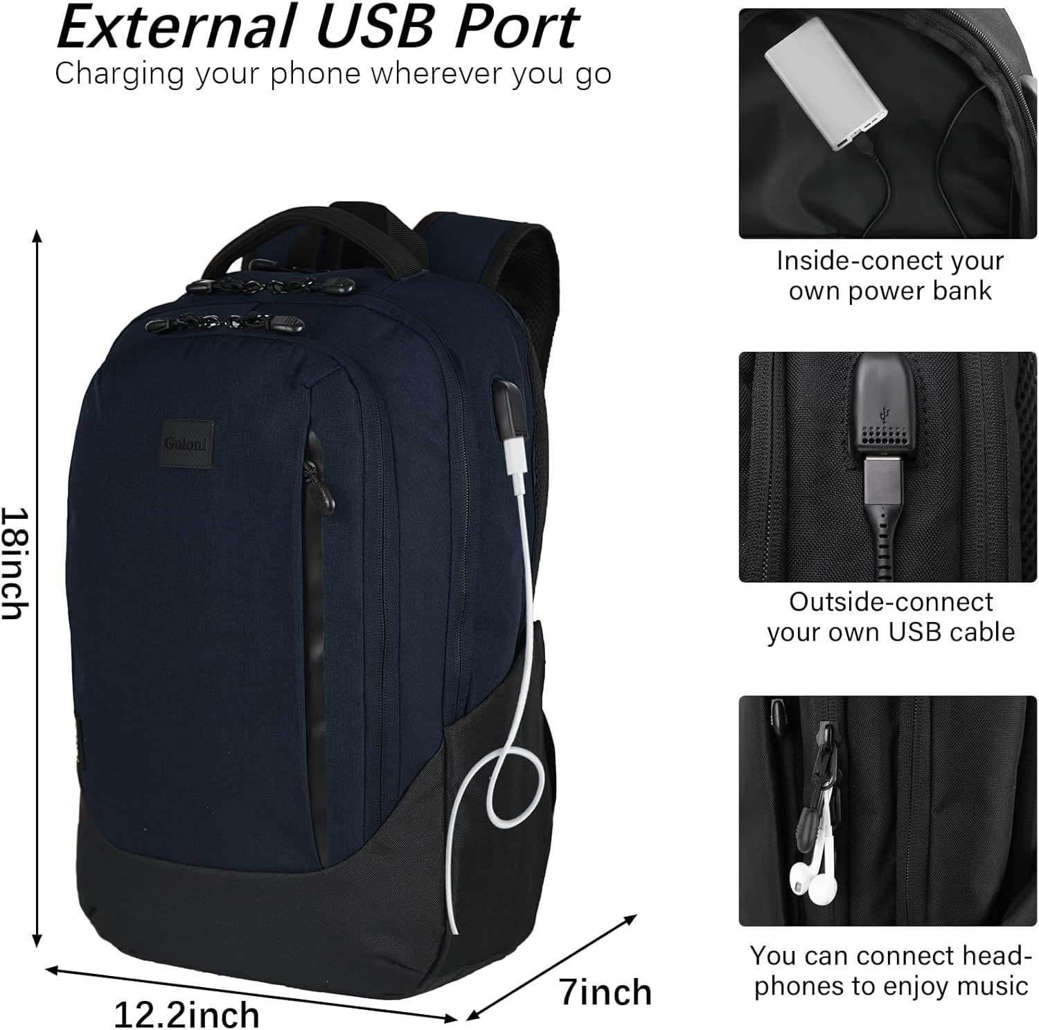 Mochila de viaje para laptop para hombres y mujeres, mochilas de viaje delgadas y duraderas para negocios con puerto de carga USB, Azul oscuro,