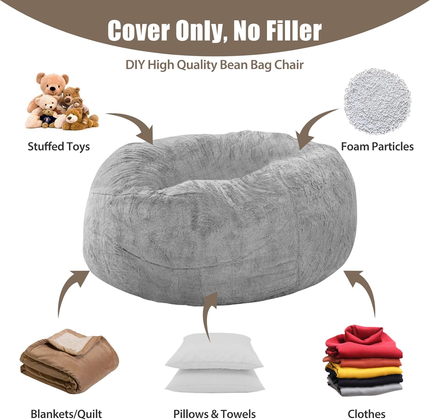 Funda para puf (solo funda, sin relleno), funda para cama de puf gigante de 6 pies para adultos, grande, redondo, suave, esponjoso, de terciopelo,
