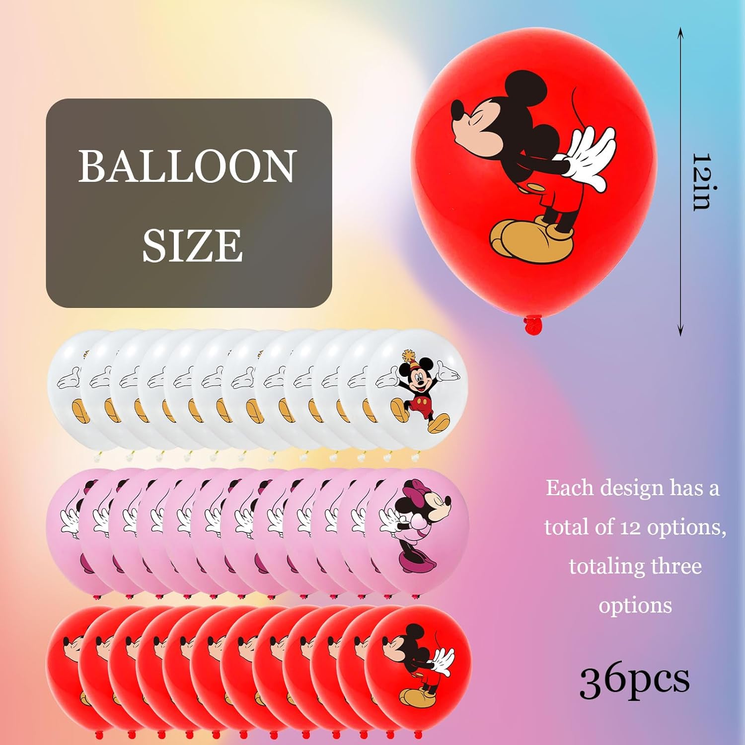 36 piezas de decoración de cumpleaños de ratón de dibujos animados de 12 pulgadas, juego de globos de látex festivos de fantasía para niños y niñas