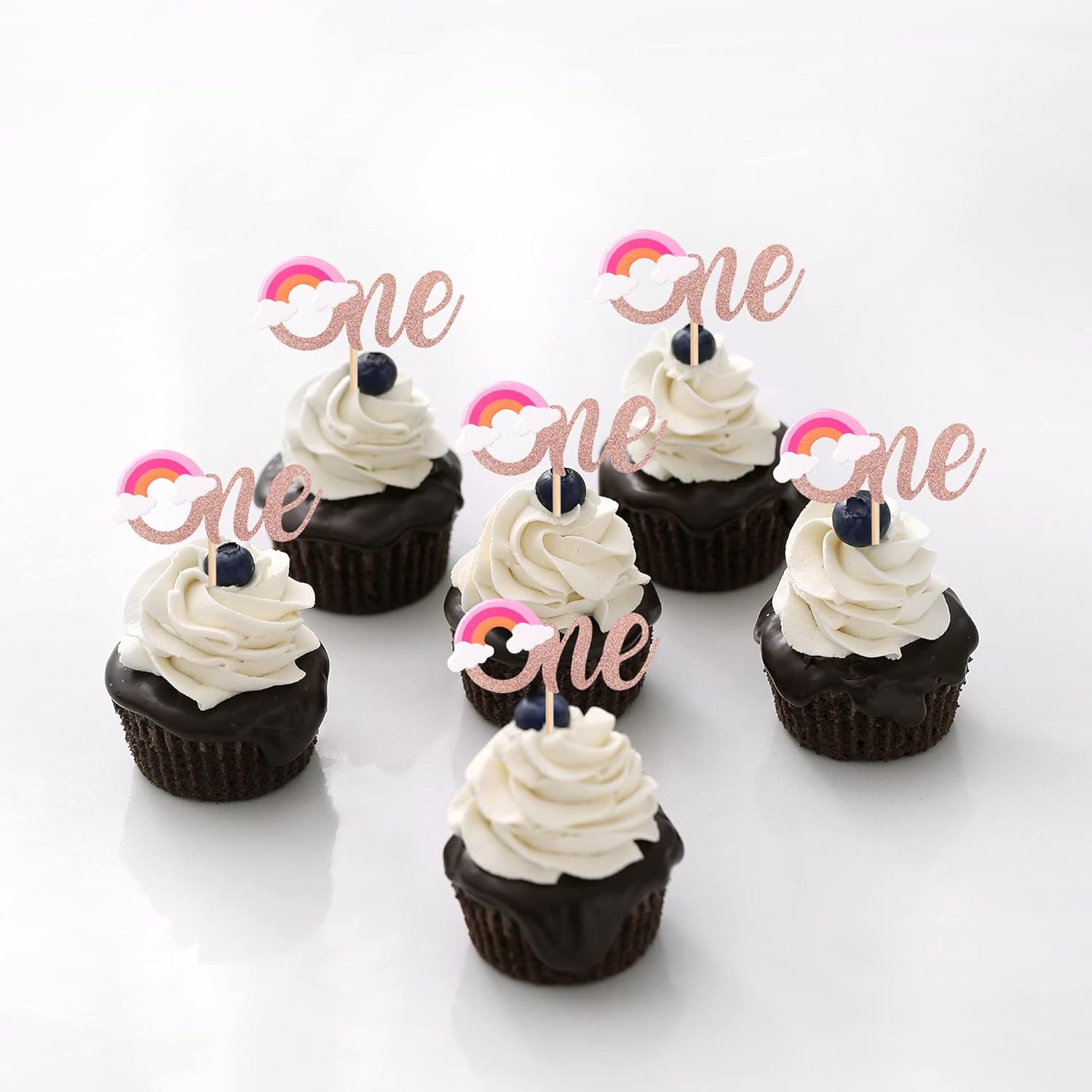 Paquete de 24 adornos para cupcakes de arcoíris con purpurina para el primer cumpleaños, decoración para baby shower, niñas, niños, fiesta de primer