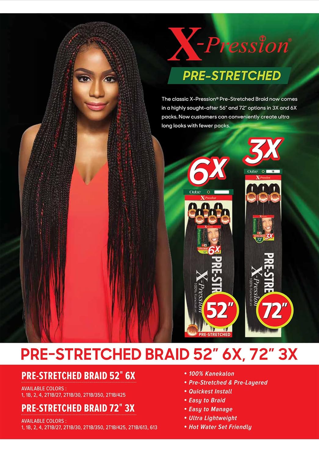 Outre Braids X-Pression Kanekalon 3X preestirada ultra trenza de 72 pulgadas (1 paquete, 2)
