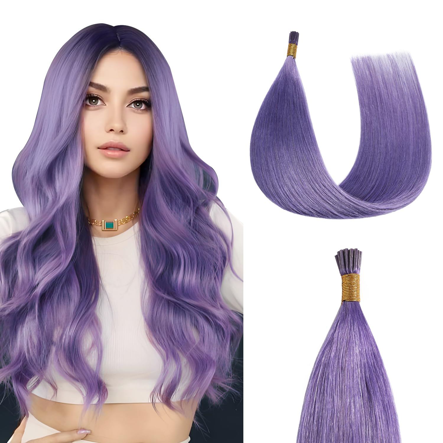 Sunya Extensiones de cabello humano con punta I Tip de 16 pulgadas, color morado rosa, extensiones de cabello humano real, fusión fría, previamente