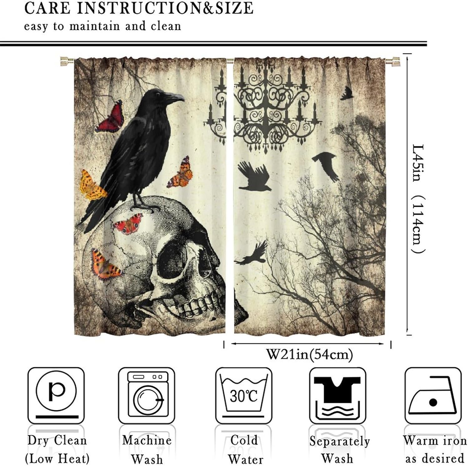 JanJCurt Cortinas de calavera de Halloween, periódico vintage, bosque brumoso, gótico, aterrador, estampado de cuervo negro, aislamiento térmico,