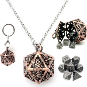 Haxtec Juego de dados pequeños de metal DND con cobre hueco D20, collar D20, juego de dados pequeños antiguos, llavero D&D, portátil, 7 piezas Haxtec Juego de dados pequeños de metal DND con cobre hueco D20, collar D20, juego de dados pequeños antiguos, llavero D&D, portátil, 7 piezas