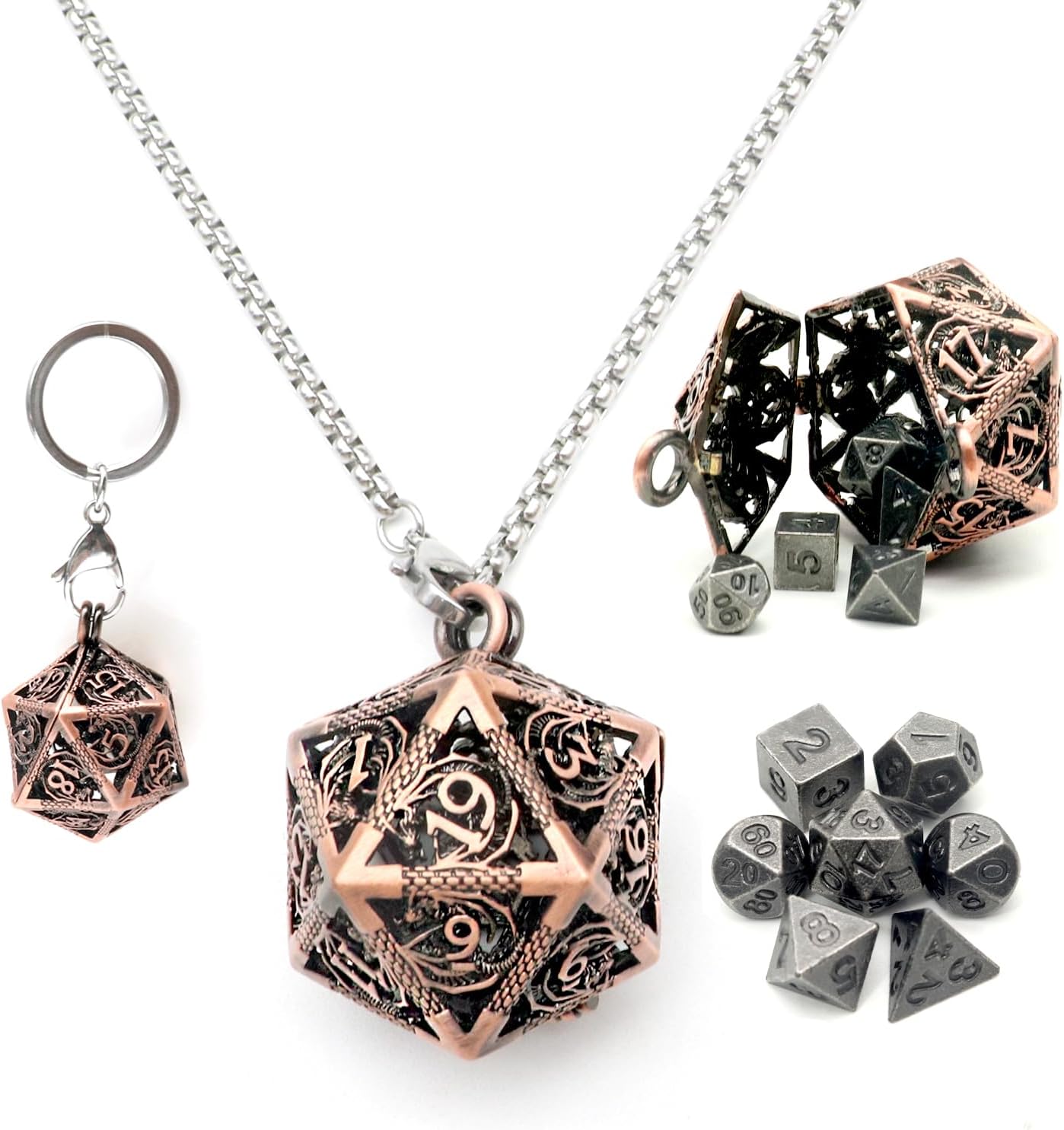 Haxtec Juego de dados pequeños de metal DND con cobre hueco D20, collar D20, juego de dados pequeños antiguos, llavero D&D, portátil, 7 piezas