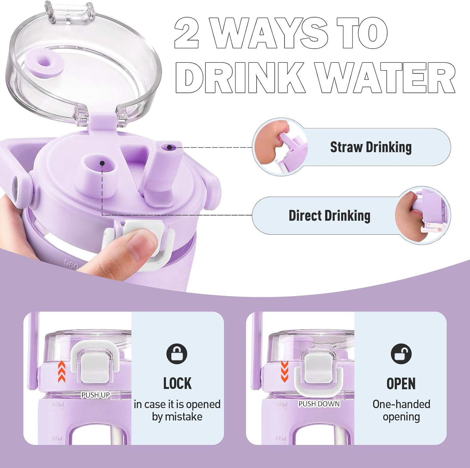 BLUEGO Botella de agua de vidrio de 32 onzas con popote y tapa, botella de agua potable de vidrio con asa, taza de café helado con marcador de