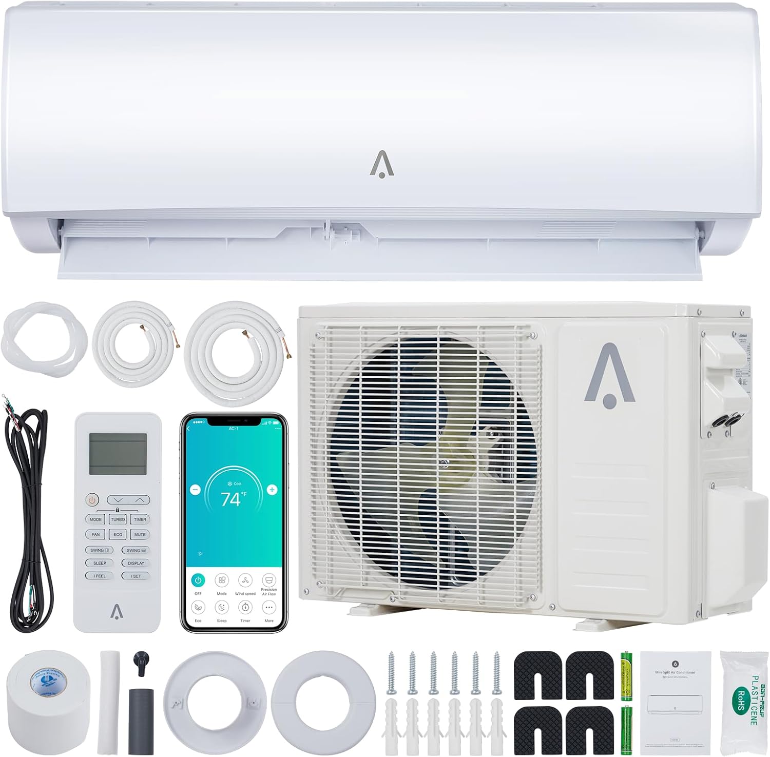 ACONEE 9000 BTU Smart Mini Split Aire AcondicionadoSistema de Calefacción 19 SEER Split Inverter AC con bomba de calor precargada y kit de