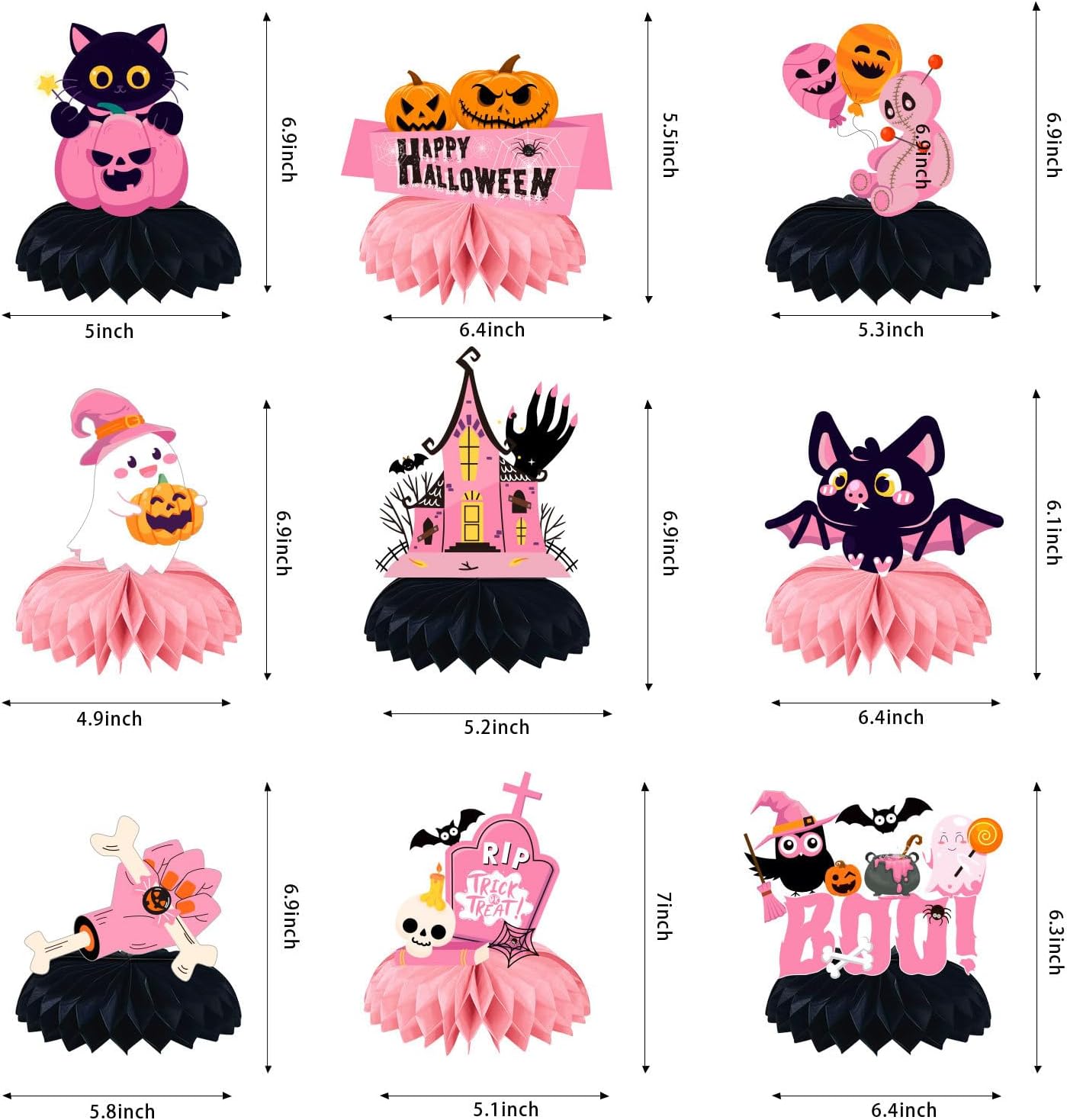Centros de mesa de panal de abeja de Halloween rosa y negro  9 piezas 3D de decoración de mesa de panal de abeja de Halloween, lindo fantasma gato